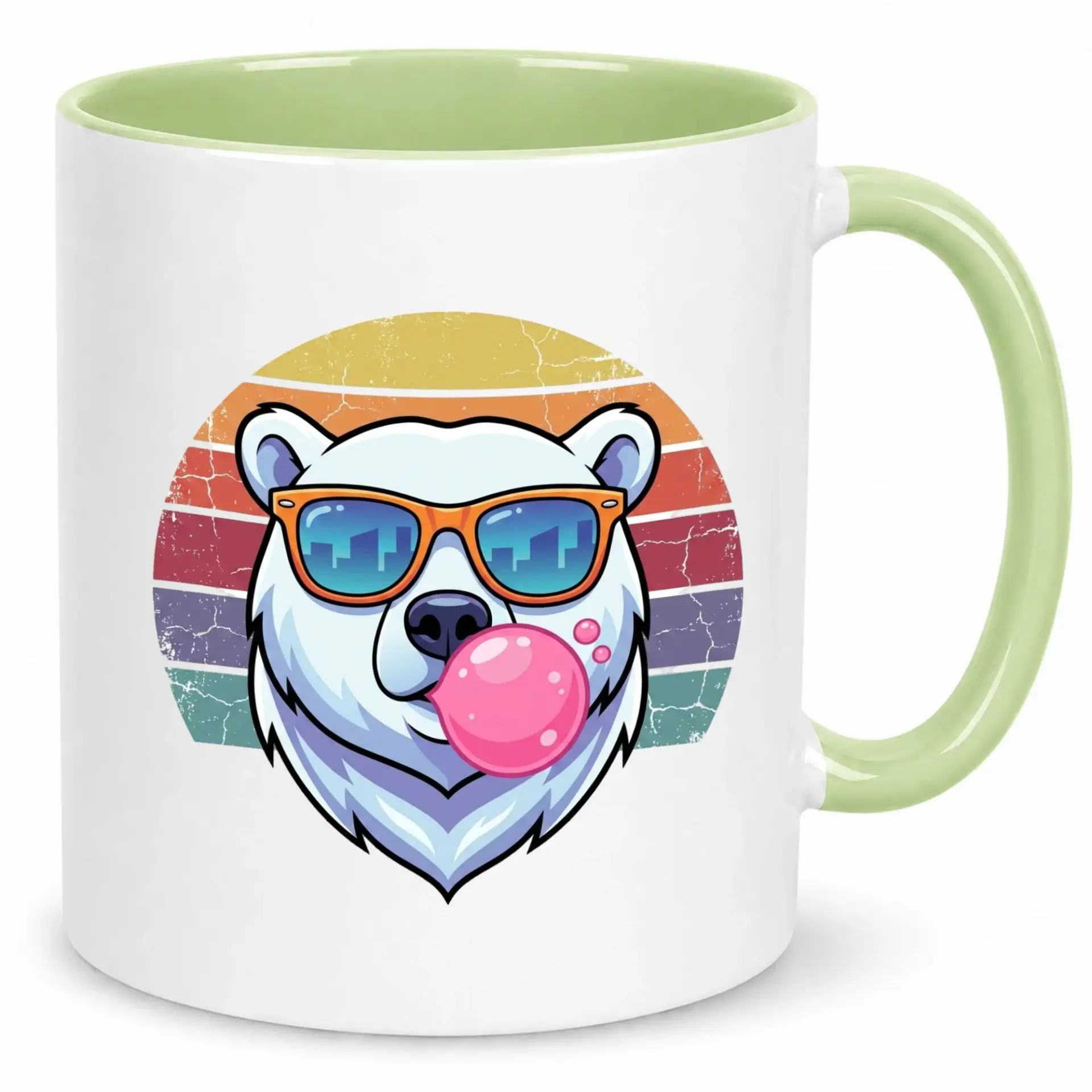 Funny Polar Bear Coffee Mug with Sunglasses and Bubble Gum Design, Cool Retro Sunset Ceramic Beverage Cup for Home Office Kitchen