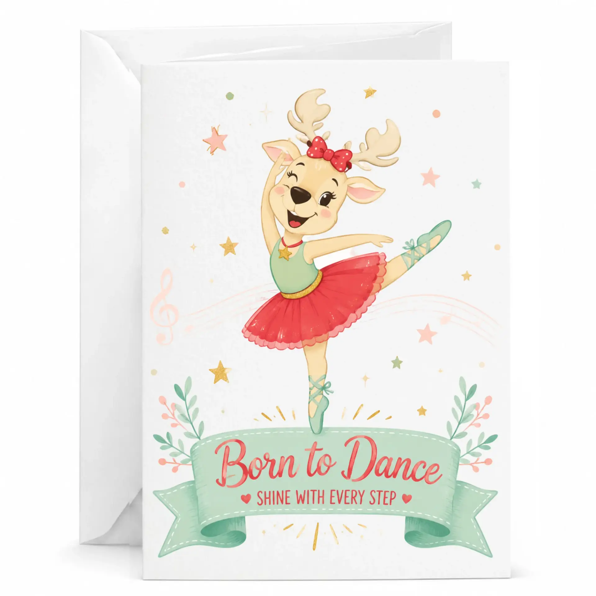 Greeting Card Born to Dance Ballerina Deer Illustration Professional Printed Stationery with Matching Envelope