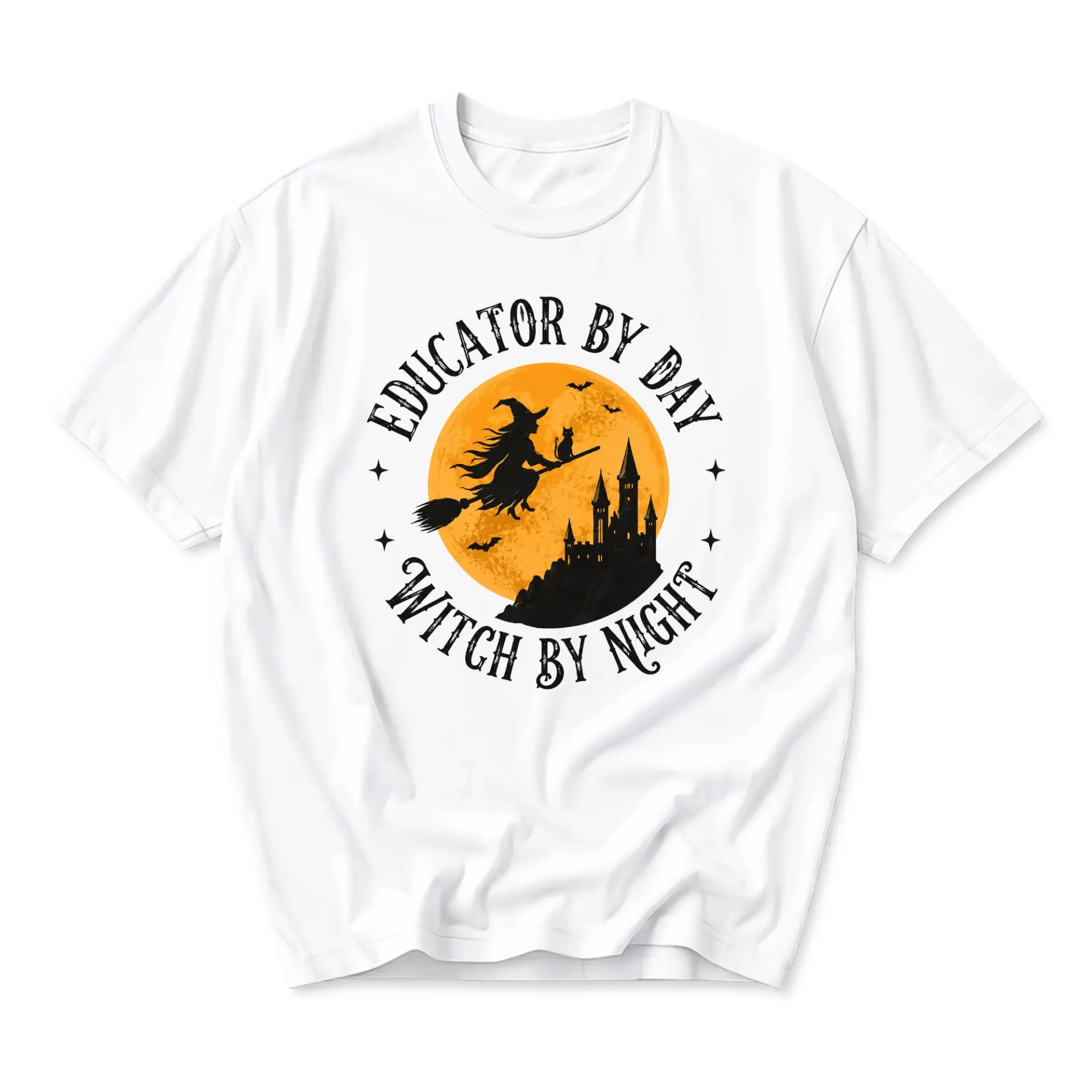 Graphic Tee Educator by Day Witch by Night Halloween Shirt Casual Unisex Crew Neck Top Soft Cotton Everyday Apparel