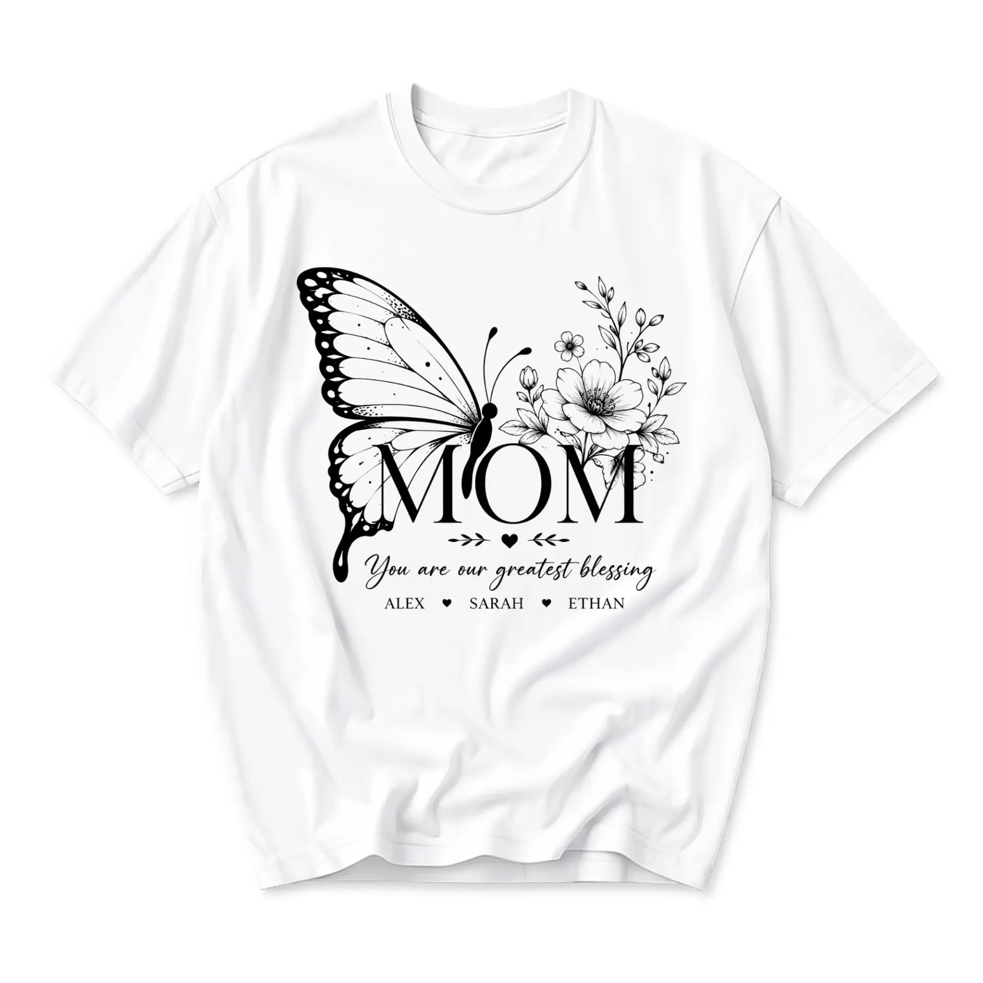 Graphic Tee Mom Butterfly Floral Design Unisex Crew Neck Short Sleeve Shirt for Casual Everyday Wear and Gift Giving