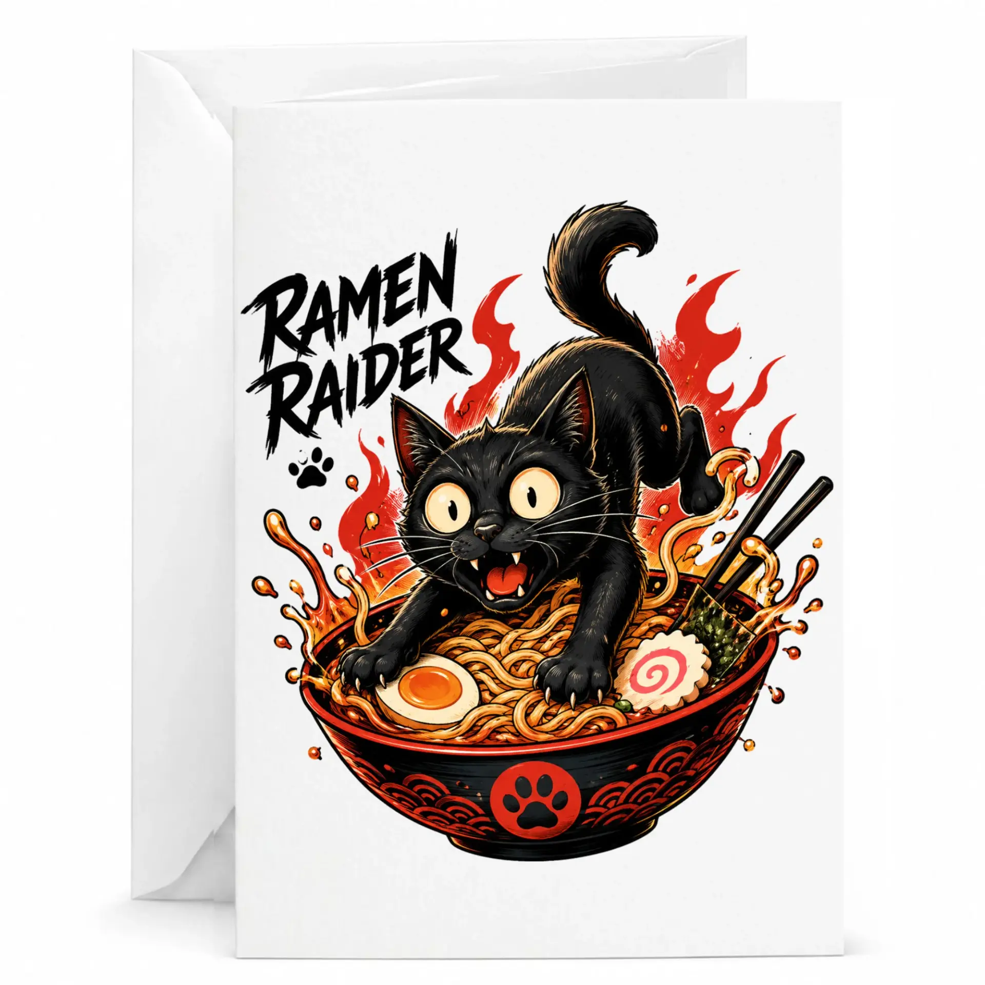Funny Ramen Raider Greeting Card with Black Cat Eating Noodle Bowl Design for Enthusiasts and Food Lovers 5x7 Inch