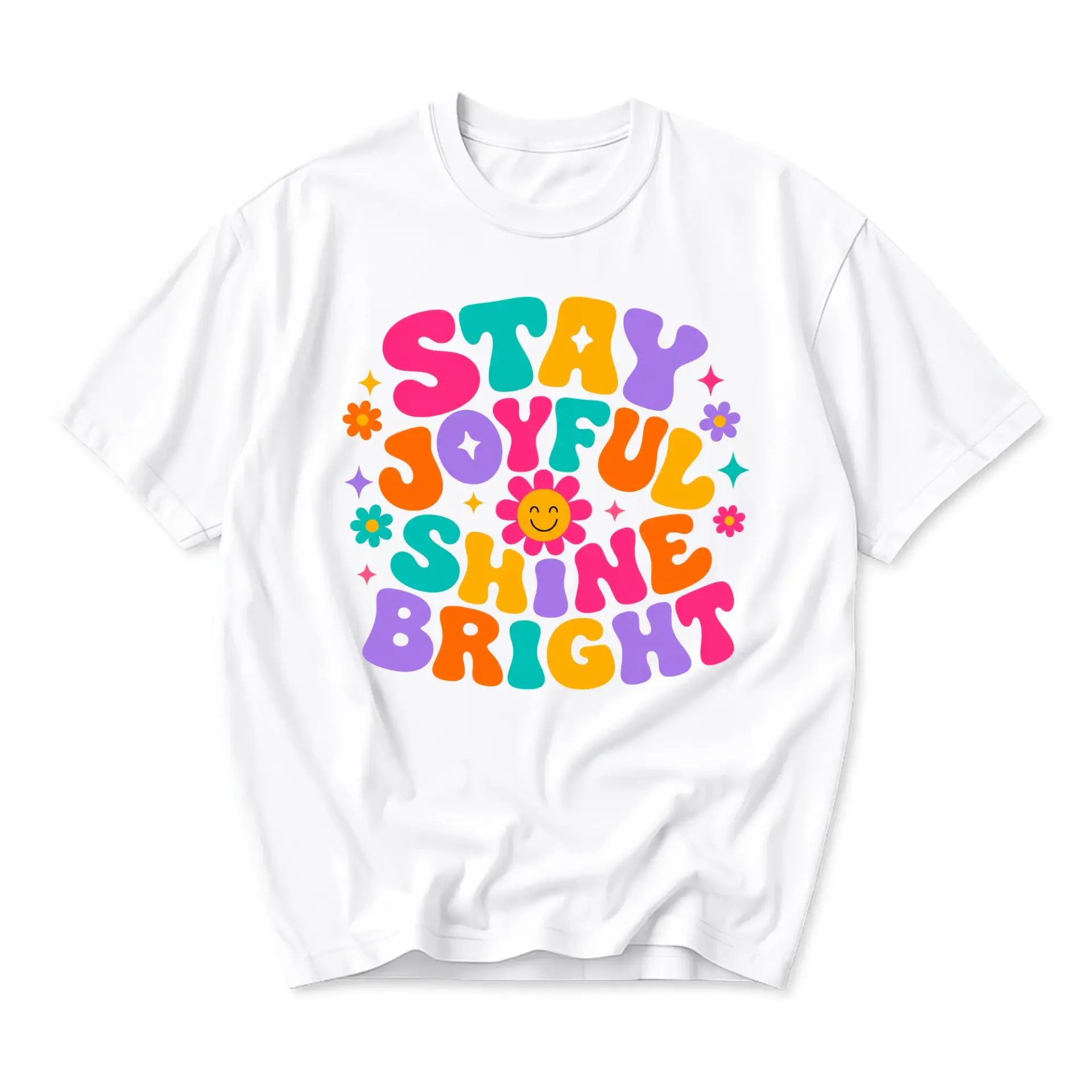 Graphic Tee Stay Joyful Shine Bright Colorful Retro Inspirational Quote Unisex Crew Neck Casual Cotton Shirt