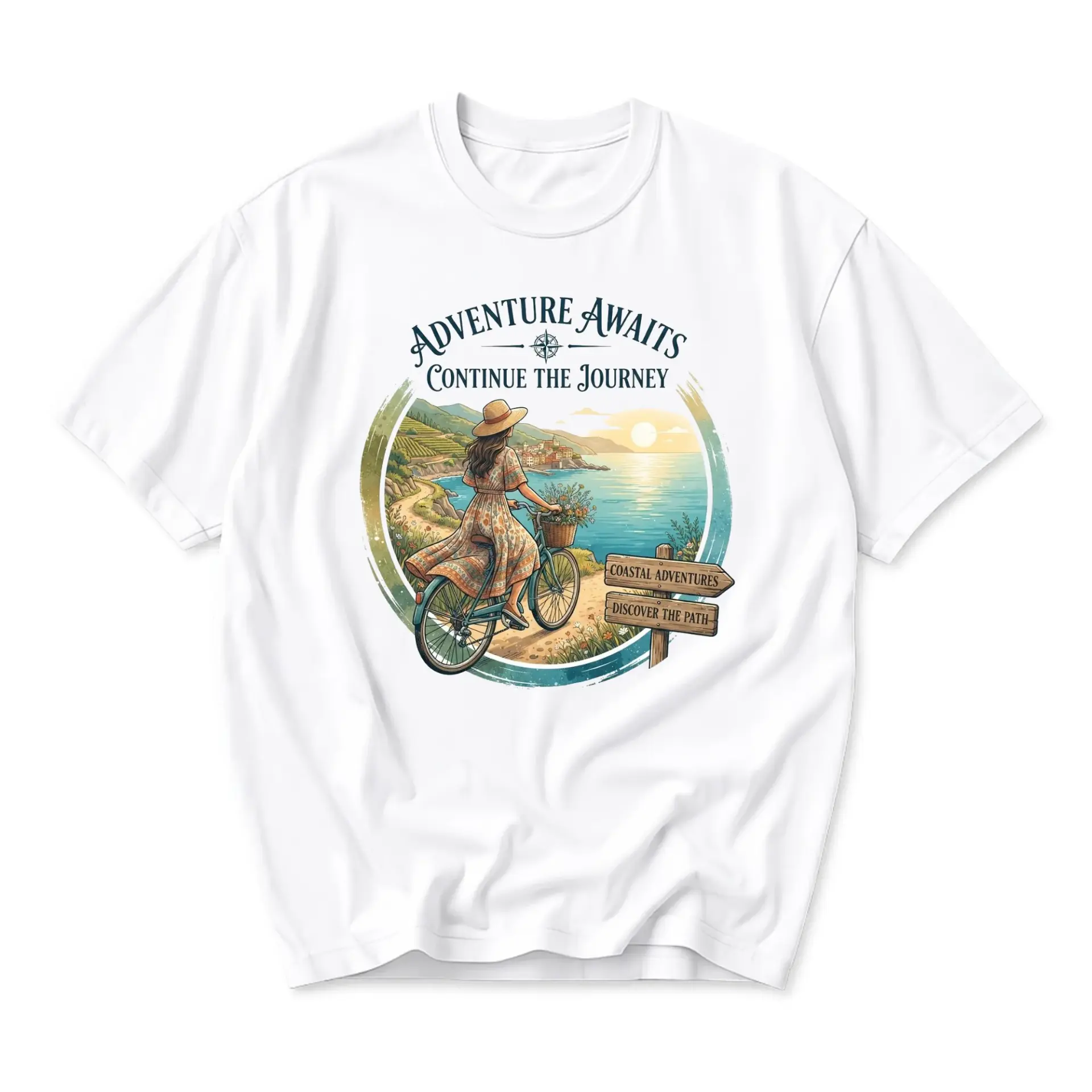 T-shirt Adventure Awaits Graphic Tee Coastal Journey Illustration Unisex Crew Neck Soft Cotton Casual Apparel