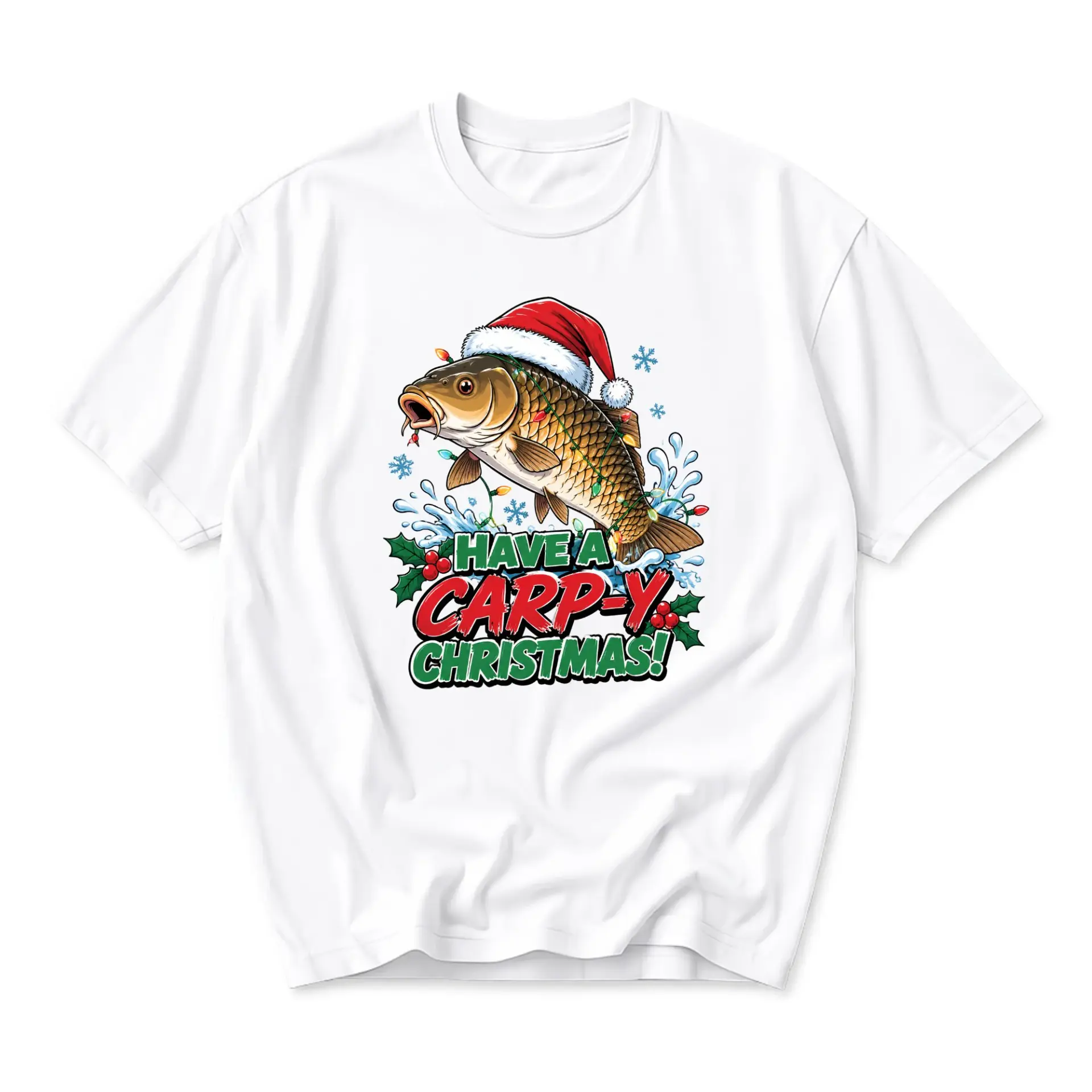Funny Shirt Have a Carp-Y Christmas Fishing Holiday Graphic Tee Unisex Short Sleeve Casual Crew Neck Apparel White