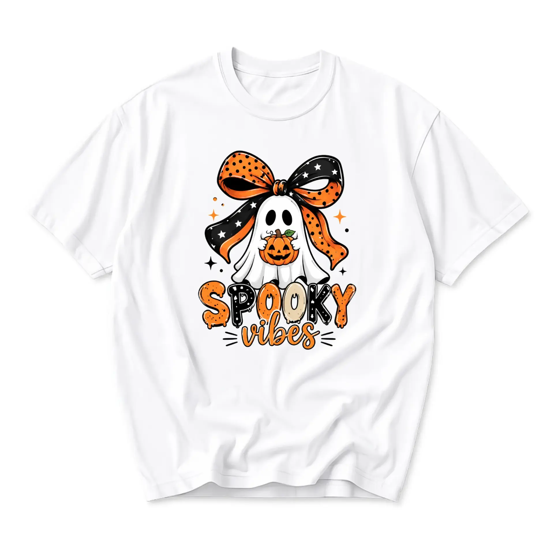 Funny Shirt Spooky Vibes Ghost with Pumpkin Graphic Tee Casual Unisex Short Sleeve Crew Neck Cotton Blend Apparel