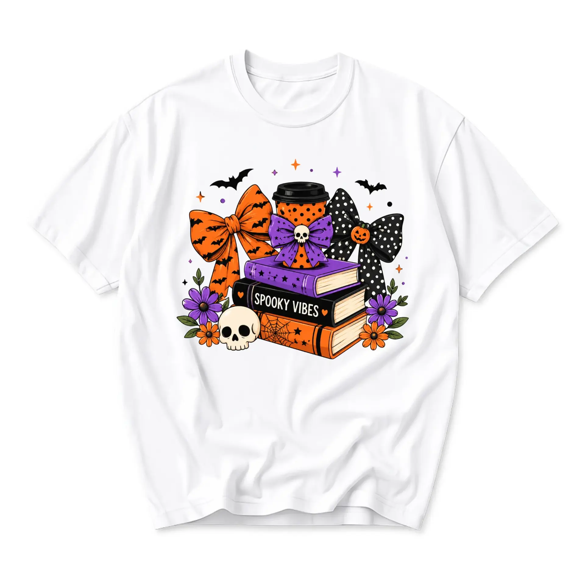Graphic Tee Spooky Vibes Halloween Book and Coffee Cup Design Unisex Cotton Blend Casual Short Sleeve Crew Neck Shirt