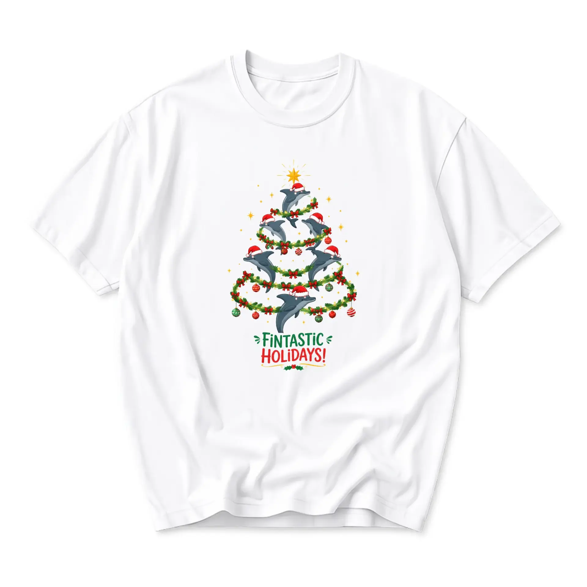 Funny Shirt Fintastic Holidays Dolphin Christmas Tree Graphic Unisex Crew Neck Casual Everyday Wear Soft Cotton Tee