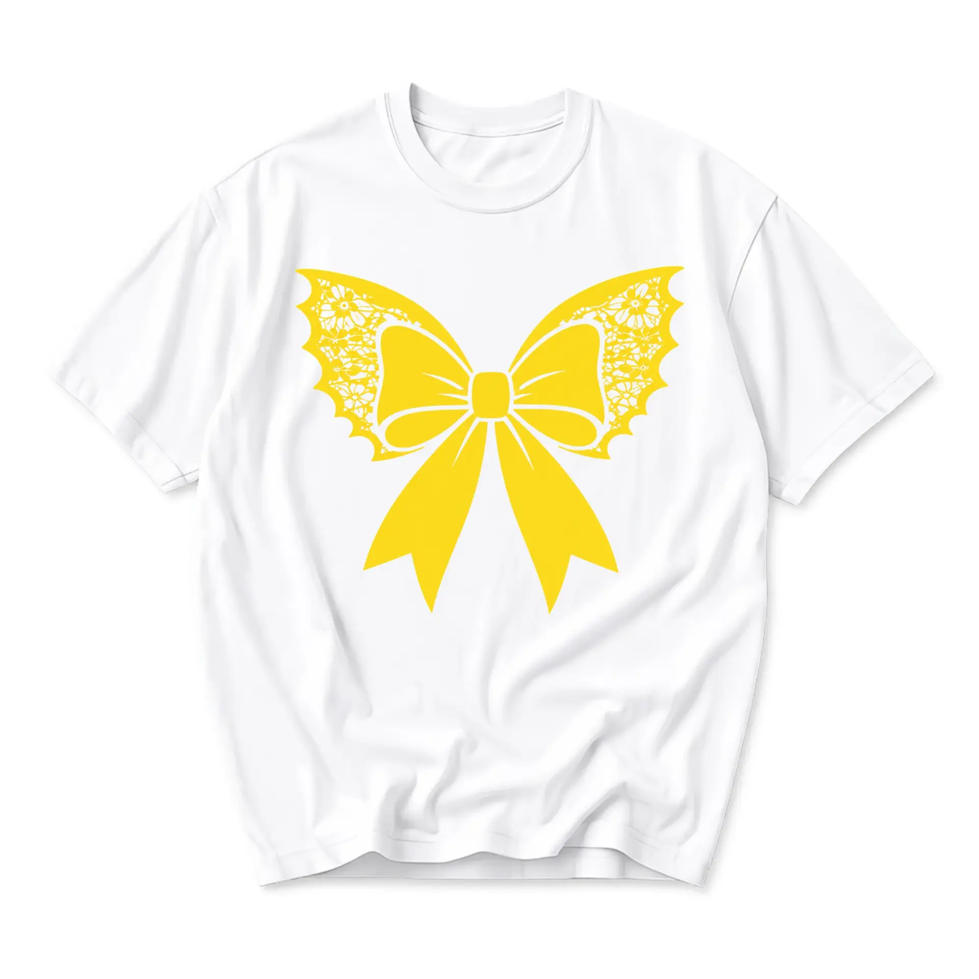Graphic Tee Yellow Butterfly Ribbon Lace Motif Unisex Crew Neck Short Sleeve Soft Casual Cotton Blend Everyday Shirt