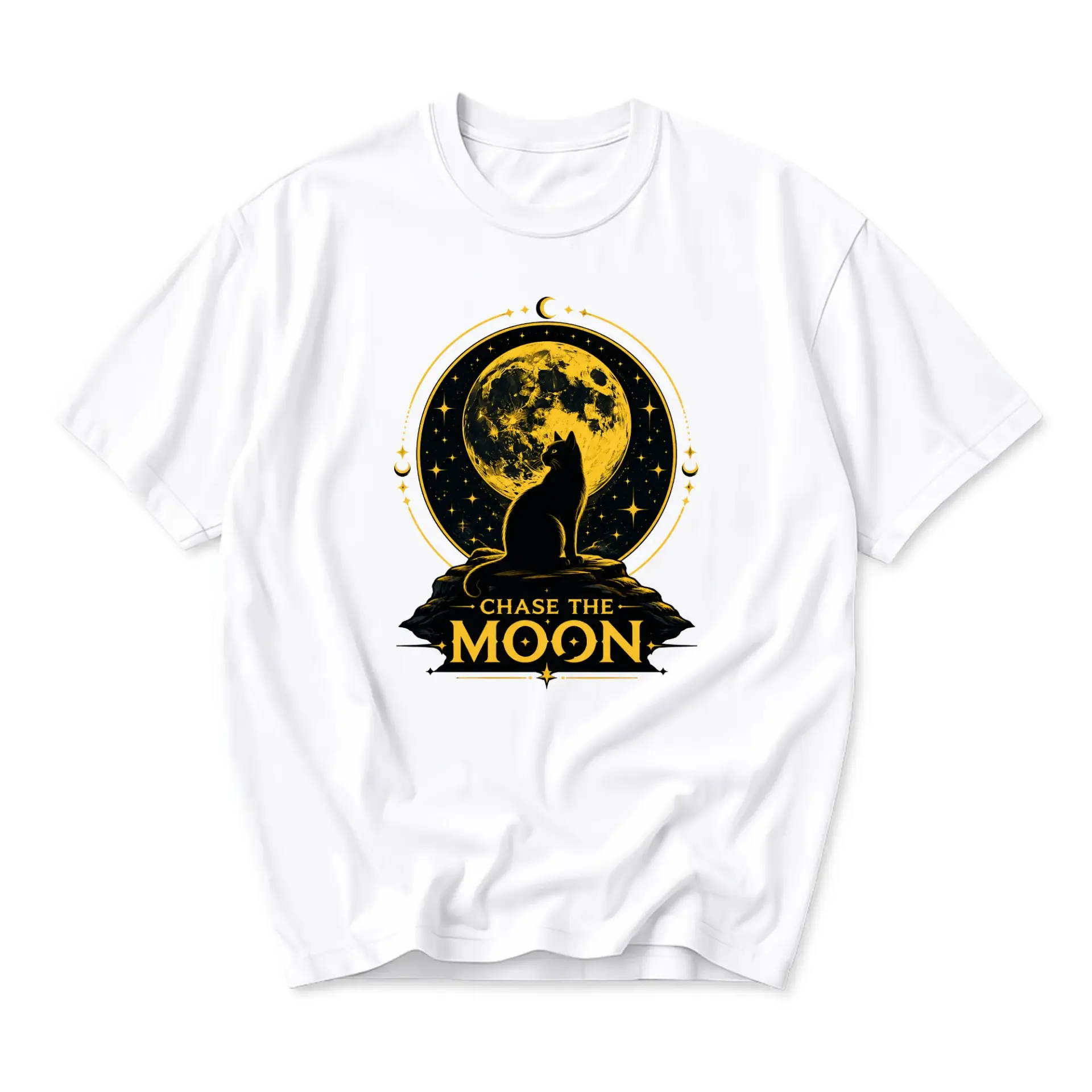 Graphic Tee Chase the Moon Celestial Cat Art Shirt White Short Sleeve Crew Neck Unisex Comfortable Cotton Apparel
