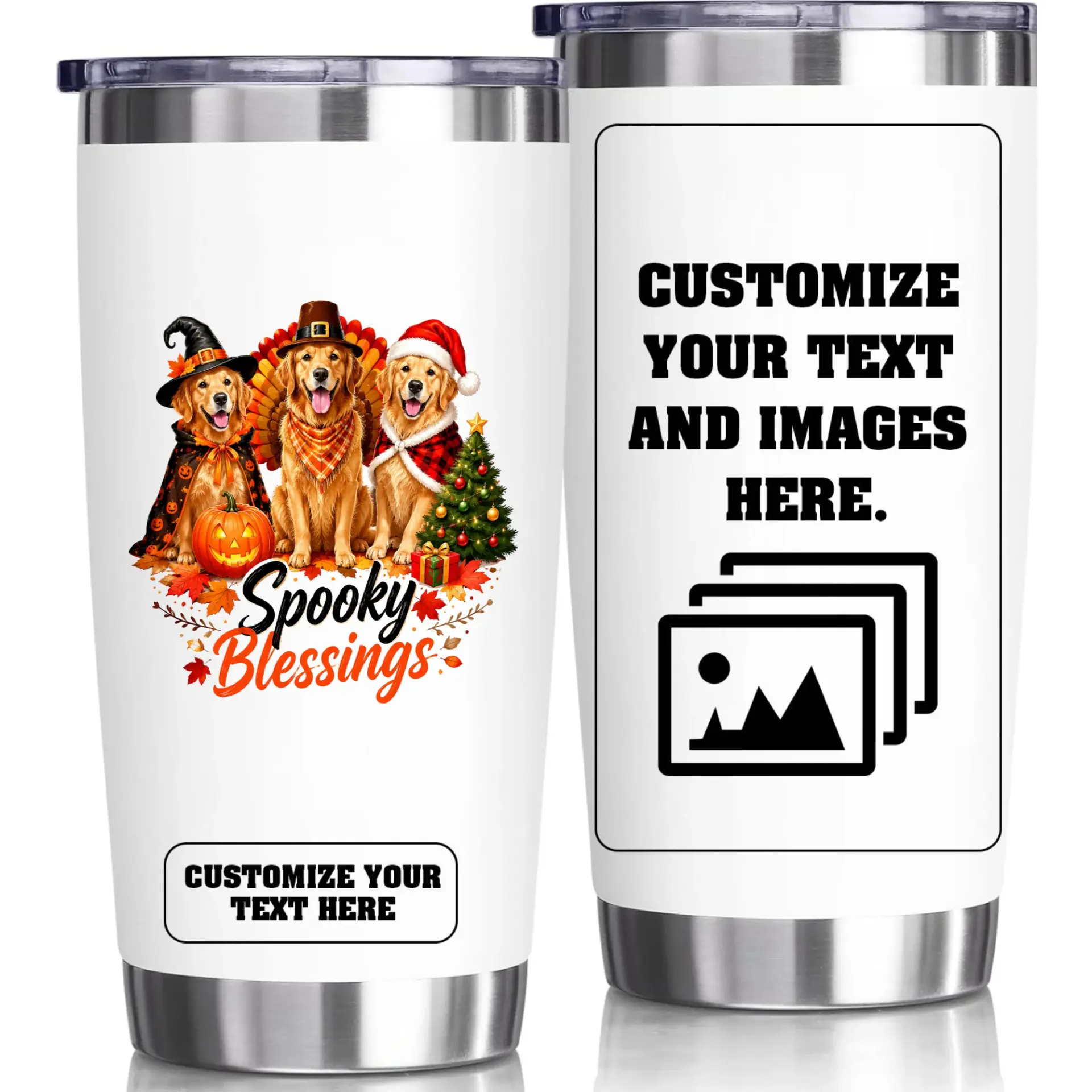 Stainless Steel Tumbler with Customizable Dog Design and Holiday Imagery, 20oz Insulated Travel Cup for Beverages