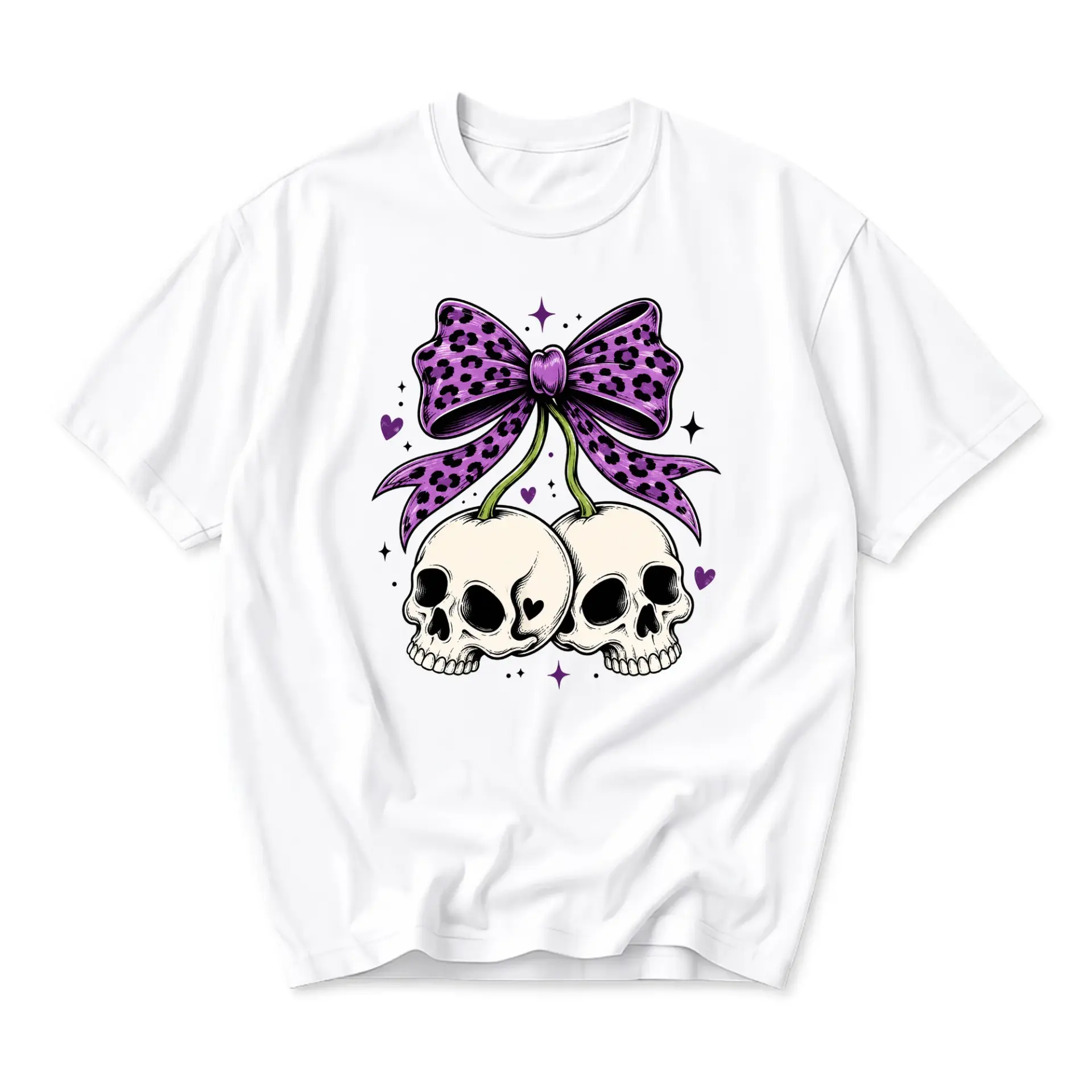 Graphic Tee Skull Cherry Bow Print Unisex Cotton Short Sleeve Shirt Casual Crew Neck Everyday Top Aesthetic Apparel