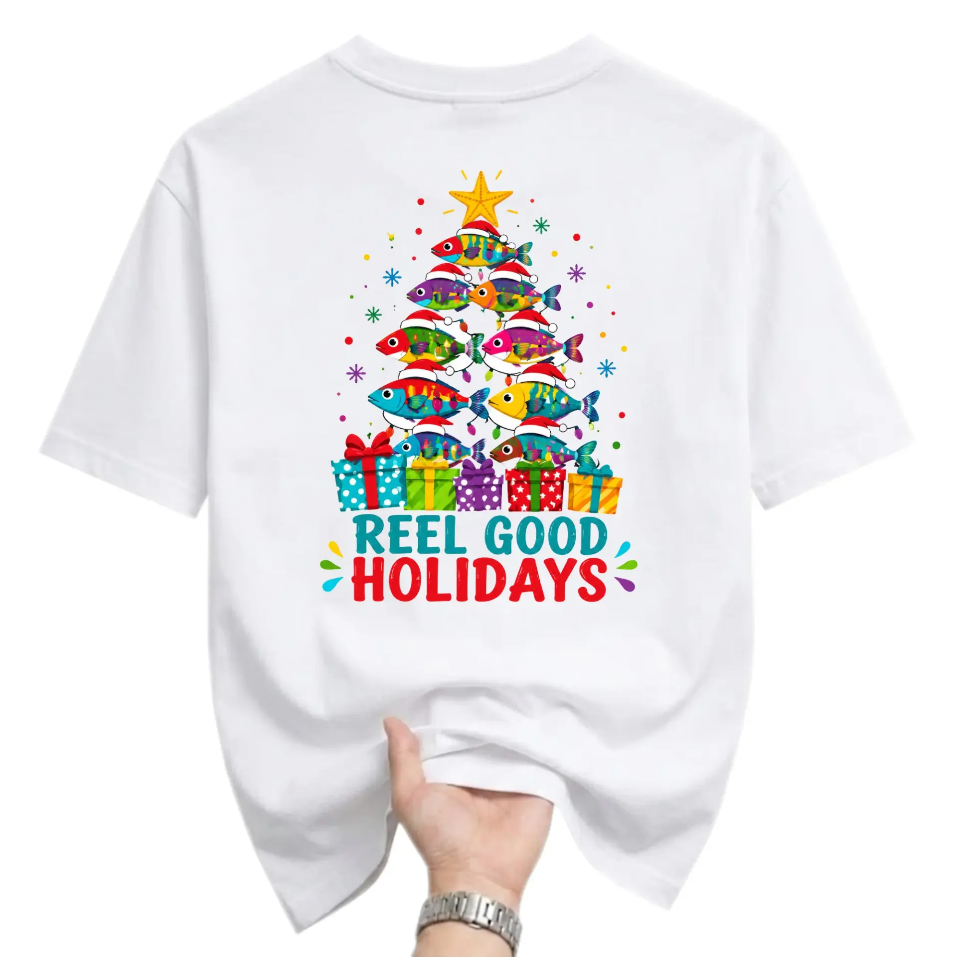 Funny Shirt Reel Good Holidays Christmas Tree Fishing Graphic Tee Unisex Short Sleeve Cotton Blend Casual Top