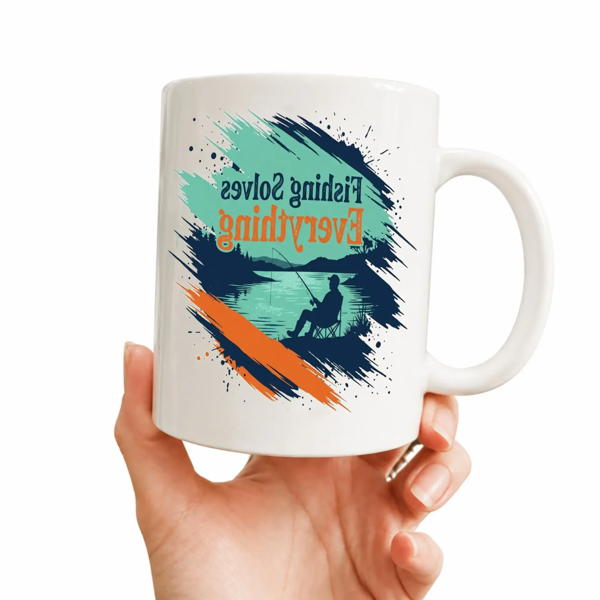 Funny Fishing Solves Everything Ceramic Coffee Mug with Blue Handle and Interior Accents for Outdoor Enthusiasts