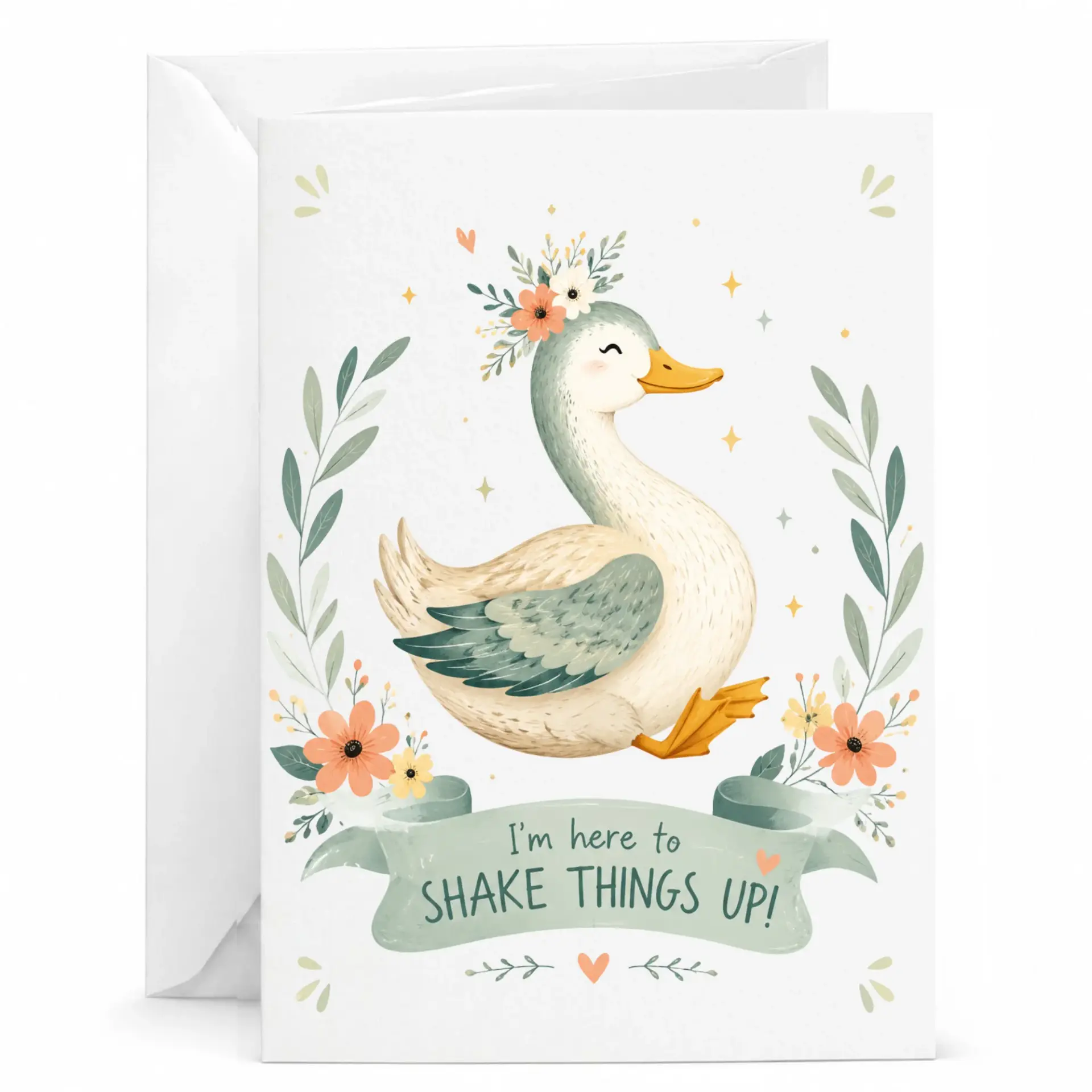 Funny Duck Greeting Card Cute Floral Animal Illustration Birthday Note for Friends and Loved Ones 5x7 Folded Stationery