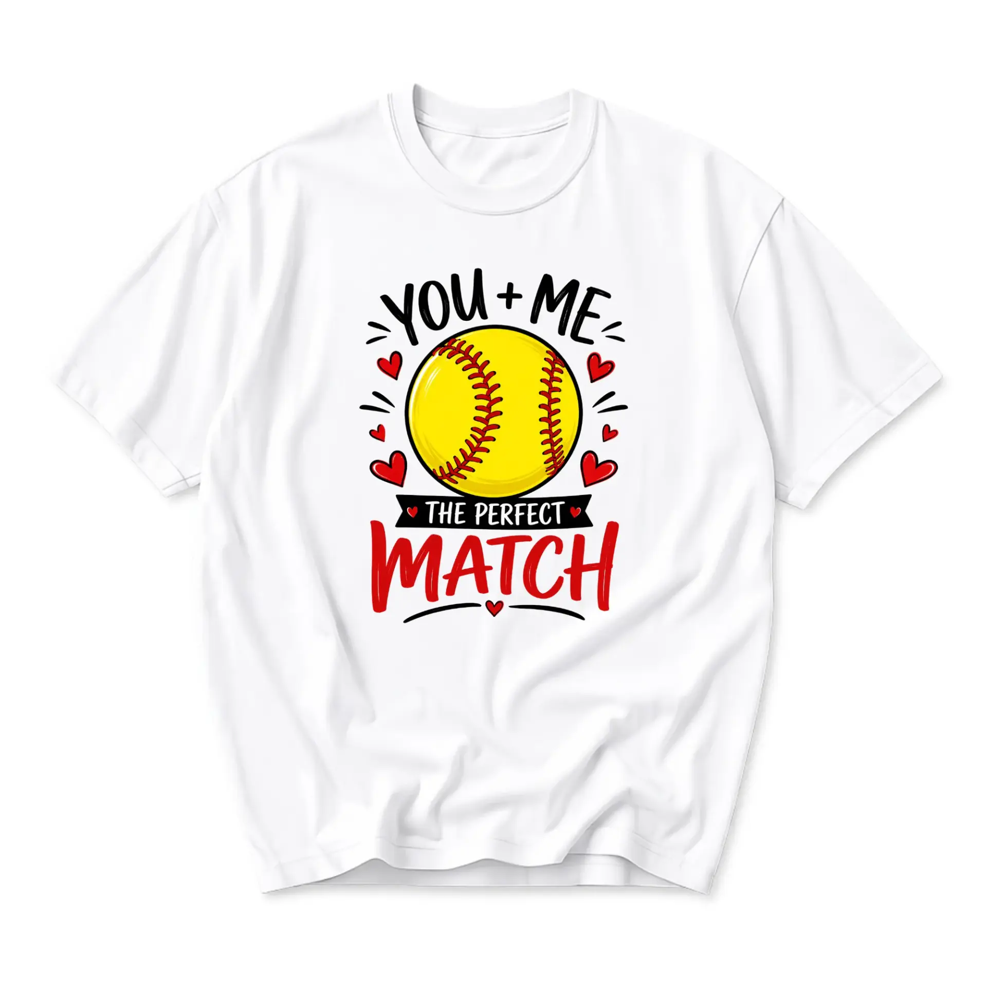 Graphic Tee You and Me the Perfect Match Softball Design Unisex Crew Neck Short Sleeve Casual Cotton Blend Shirt