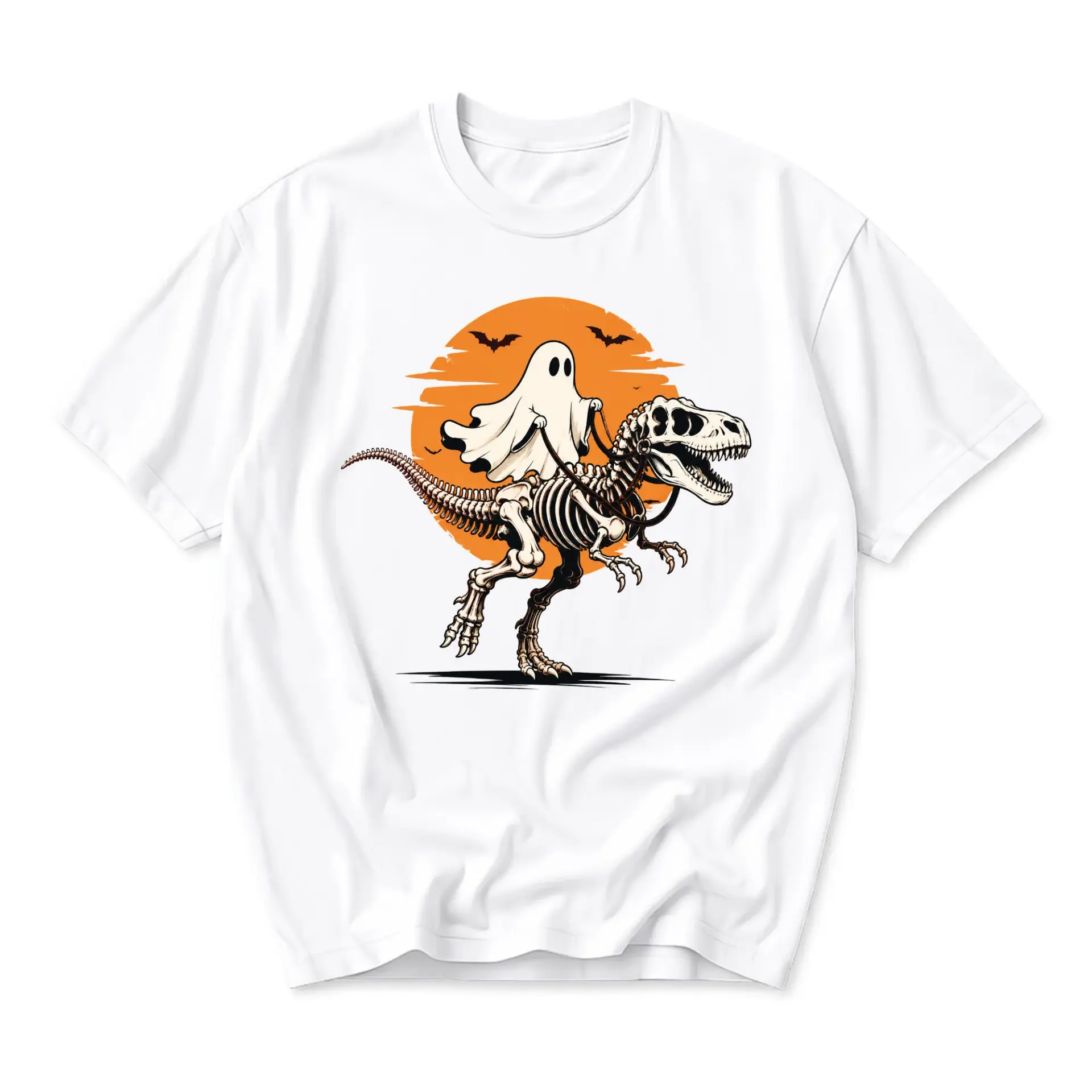 Graphic Tee Unisex Short Sleeve Crew Neck Shirt Featuring a Spooky Ghost Riding a Skeleton Dinosaur Fall Design
