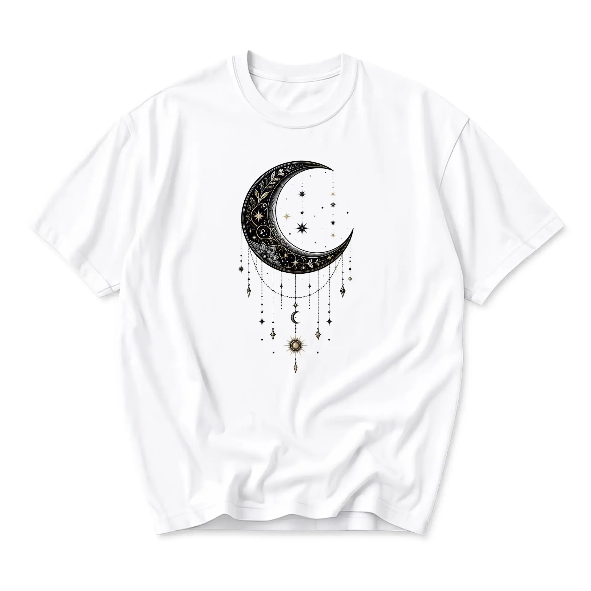 Graphic Tee Celestial Moon and Stars Print Short Sleeve Crew Neck Cotton Blend Unisex Casual Apparel Top for Adults