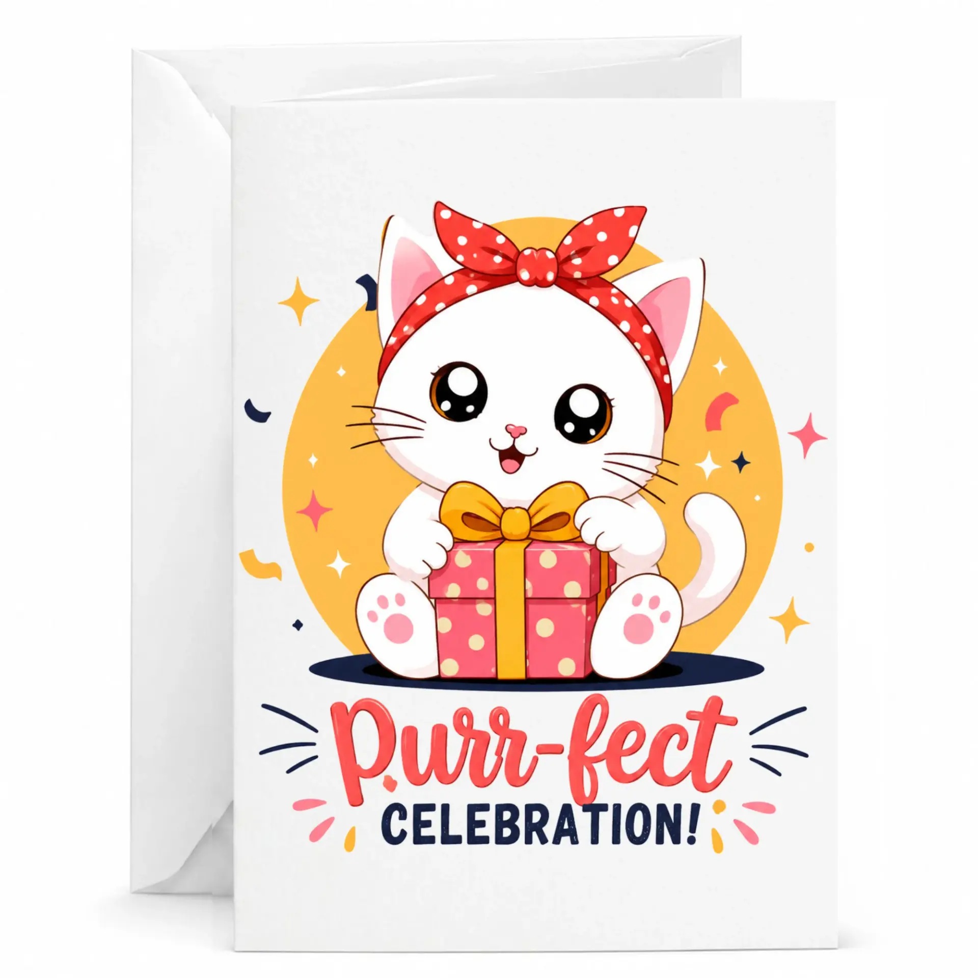 Funny Birthday Card Purr-Fect Celebration Featuring Cute Kitten Illustration Premium Greeting Card with White Envelope