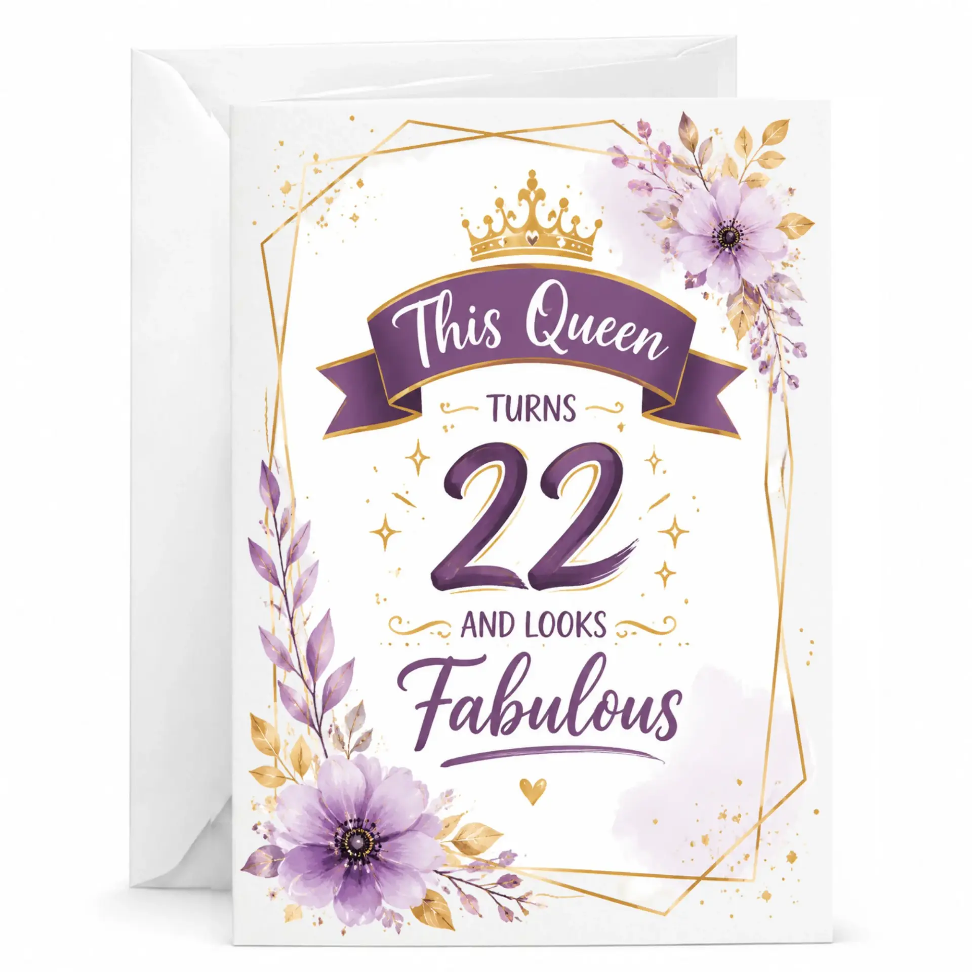 Birthday Card 22nd Birthday Floral Queen Theme Greeting Card for Her Elegant Purple Gold Design with White Envelope