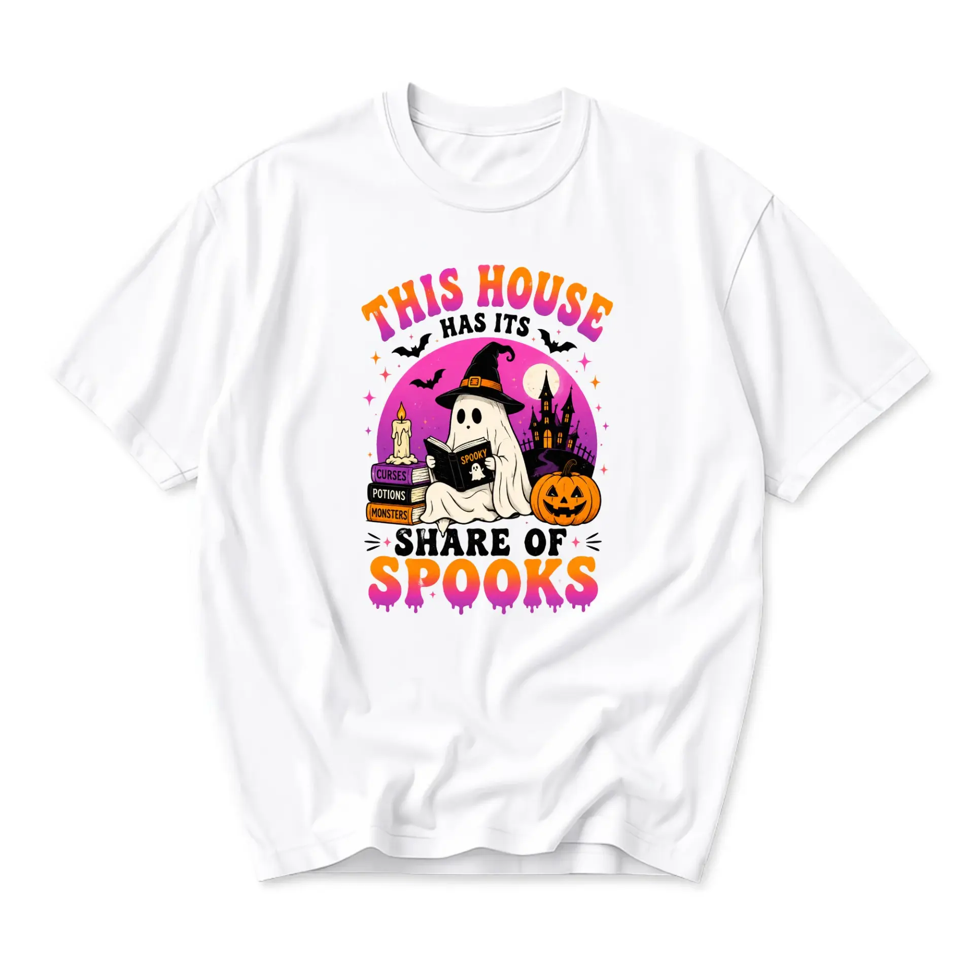 Graphic Tee This House Has Its Share of Spooks Halloween Ghost Reading Book Unisex Crew Neck Casual Cotton Shirt