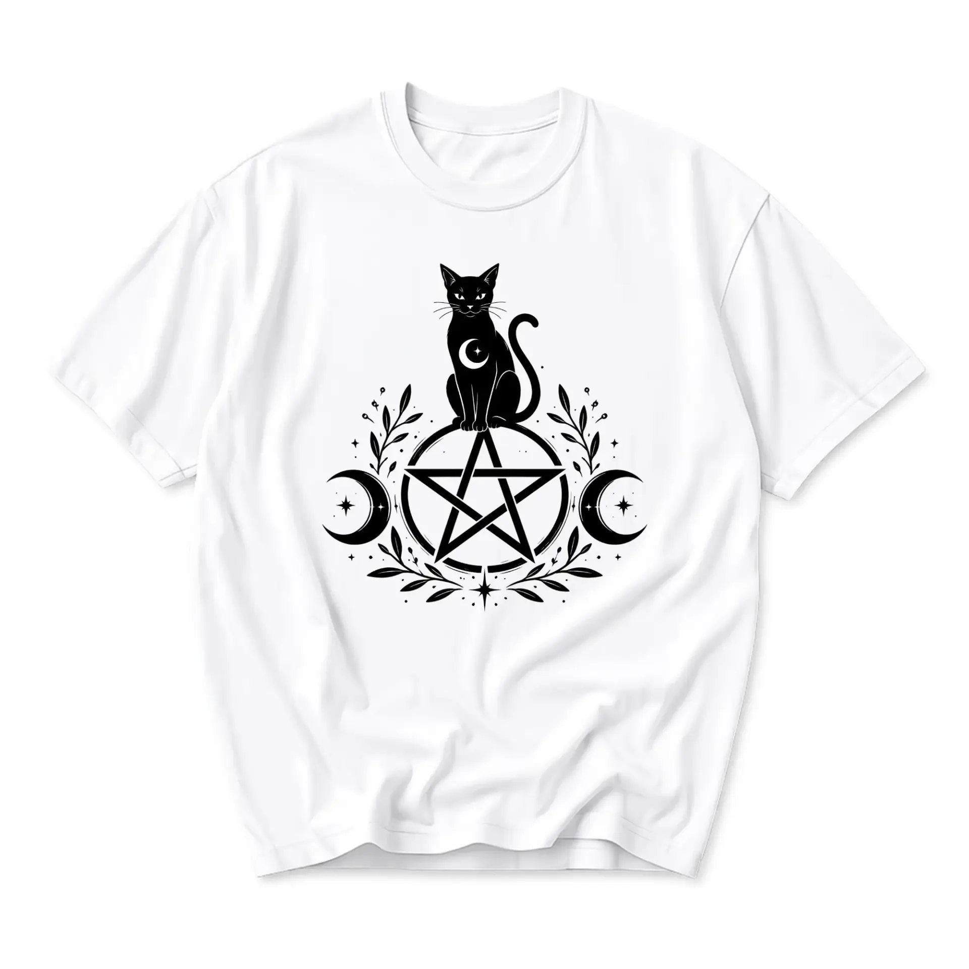 Graphic Tee Black Cat Pentagram Moon Phase Celestial Witchy Design Unisex Cotton Crew Neck Short Sleeve Shirt