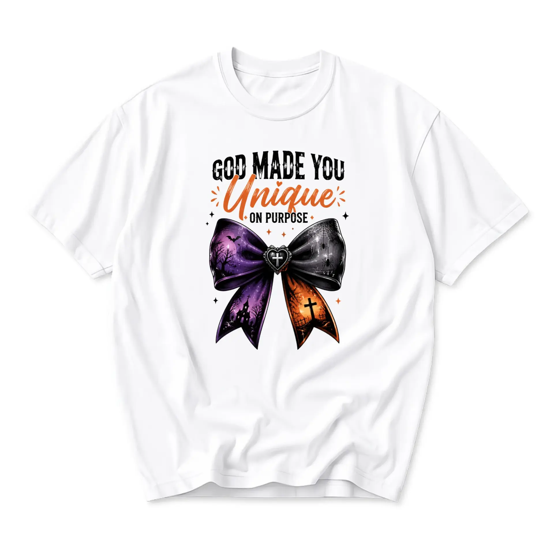 Graphic Tee God Made You Unique on Purpose Religious Inspirational Aesthetic Bow Print Unisex Short Sleeve Shirt