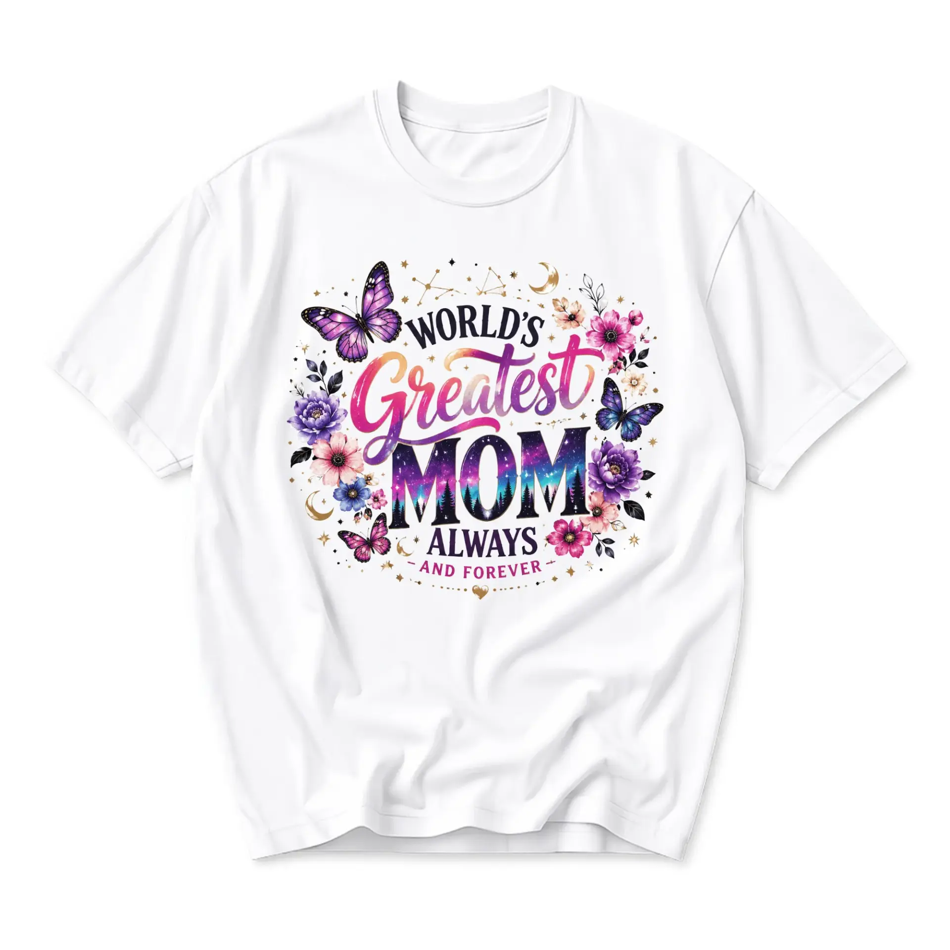 Graphic Tee Worlds Greatest Mom Floral Butterfly Print Unisex Crew Neck Shirt for Casual Everyday Wear and Gifting