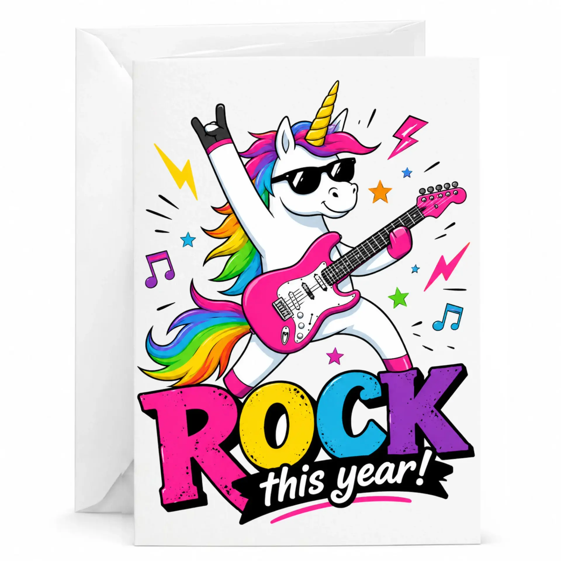 Funny Rock Greeting Card Musical Animal Birthday for Music Lovers Colorful Illustration 5x7 Note