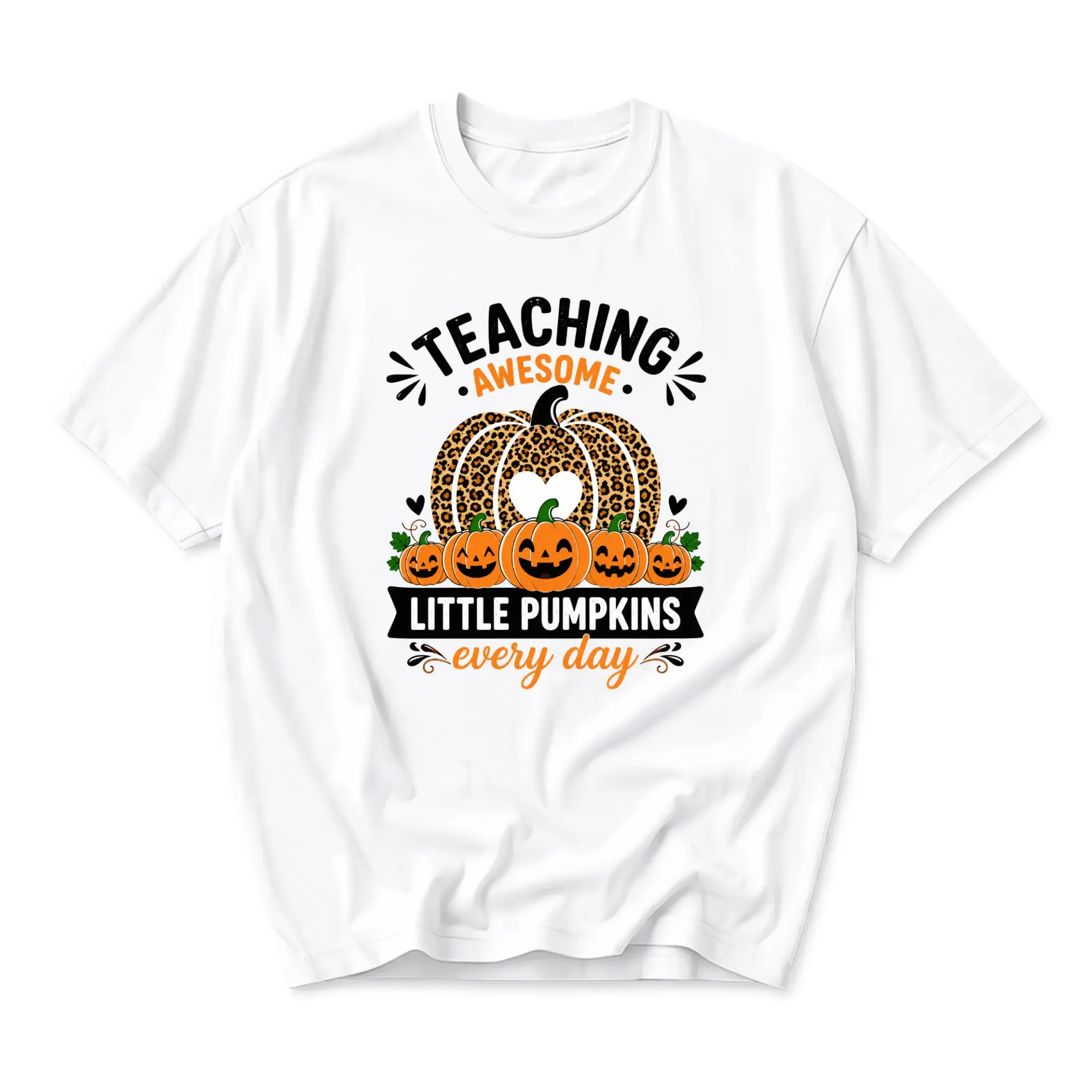 Funny Shirt Teaching Awesome Little Pumpkins Every Day Graphic Tee Unisex Crew Neck Seasonal Casual Apparel White