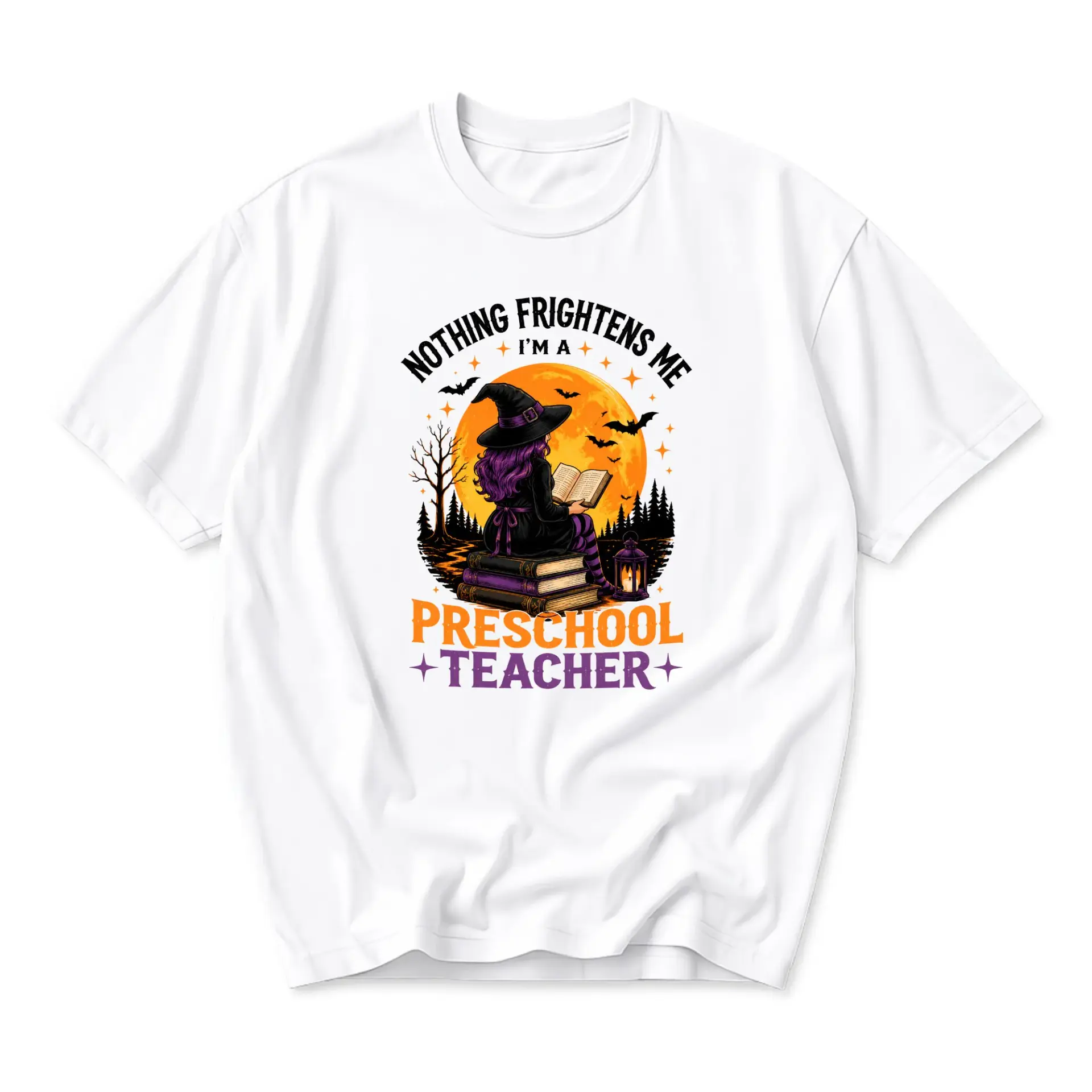 Graphic Tee Unisex Crew Neck T-Shirt Featuring Witch Reading Book Illustration for Educators and Teachers