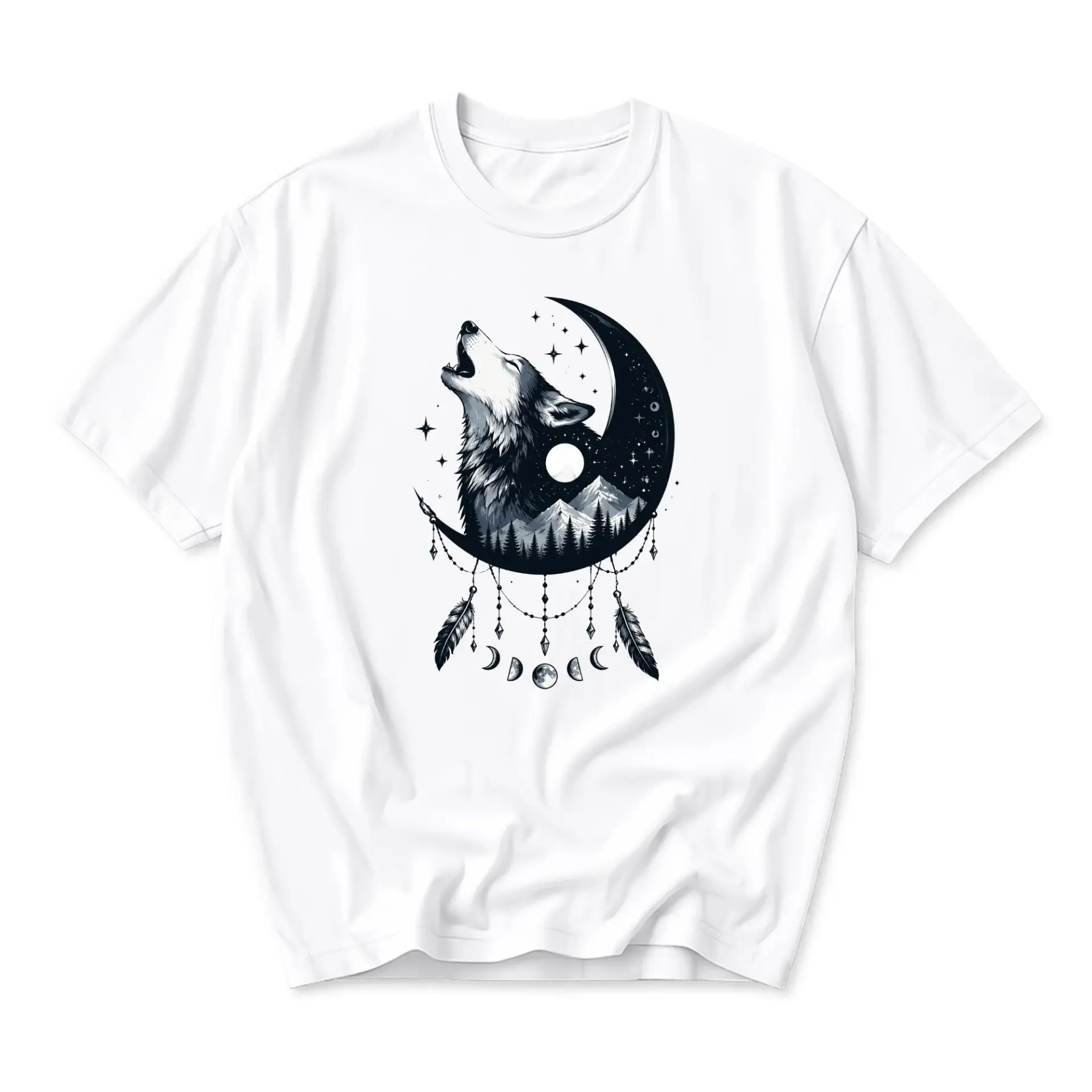Graphic Tee Unisex Crew Neck T-Shirt Featuring Howling Wolf and Crescent Moon Mountain Forest Nature Illustration