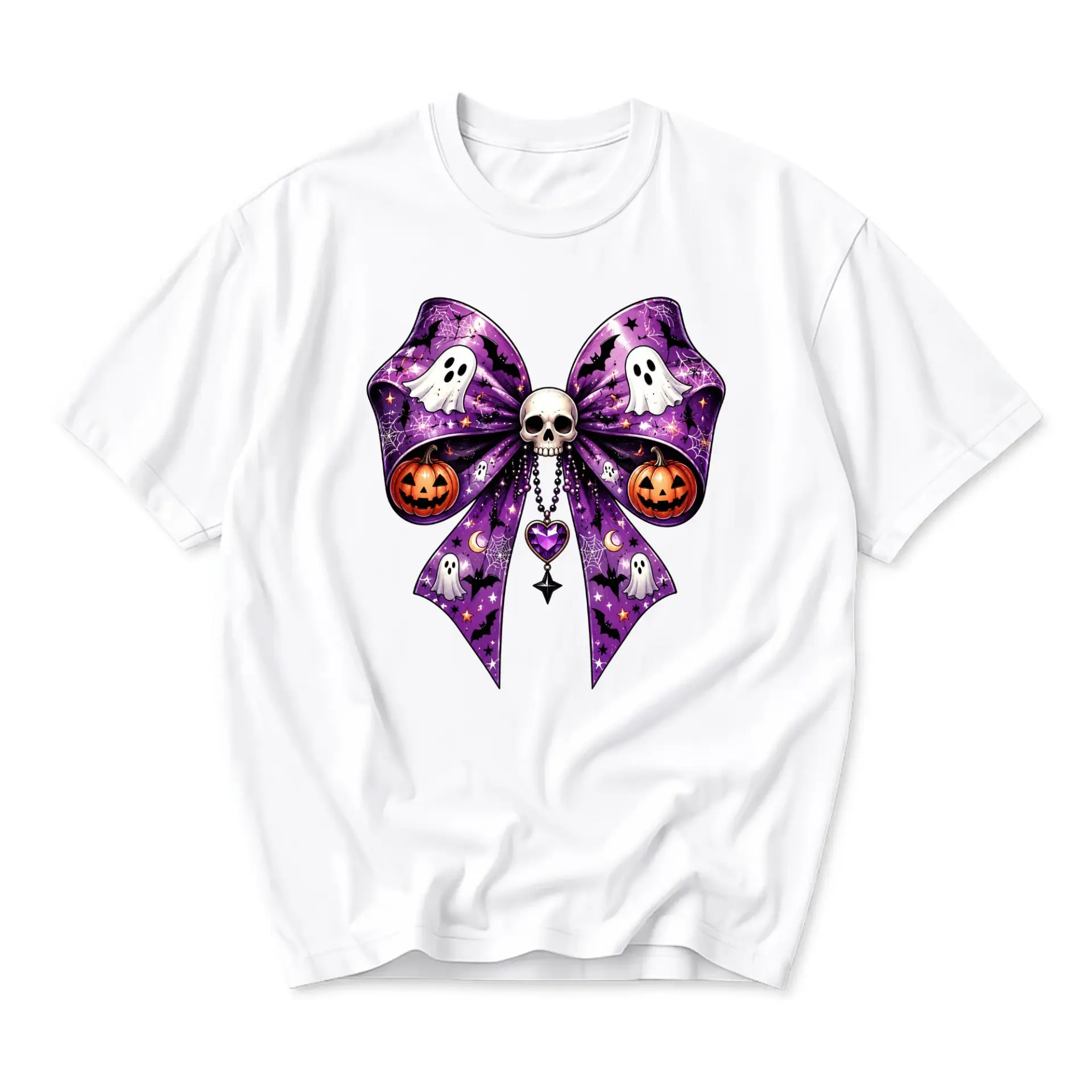 Graphic Tee Halloween Bow Print Skull Pumpkin Ghosts Unisex Short Sleeve Crew Neck Cotton Casual Everyday T-Shirt