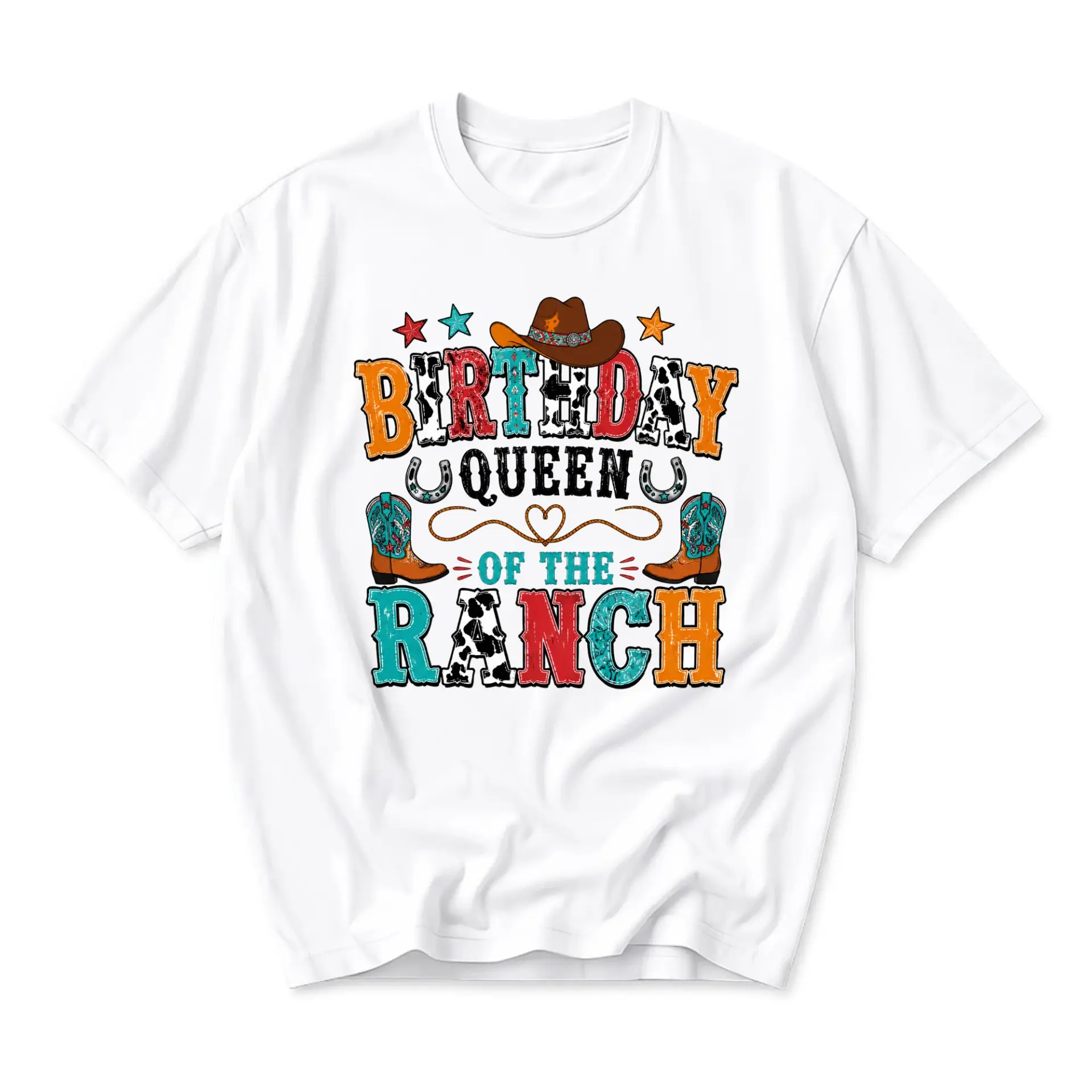 Graphic Tee Birthday Queen of the Ranch Western Cowboy Boots Cow Print