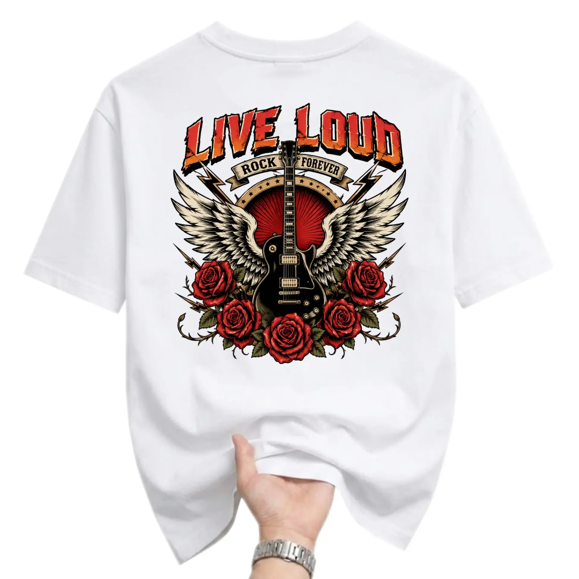 Graphic Tee Live Loud Rock Forever Electric Guitar and Red Roses Illustration Unisex Crew Neck Cotton T-Shirt
