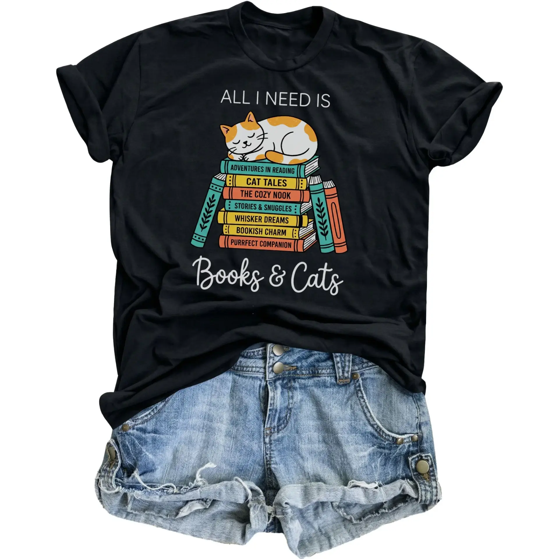 Graphic Tee Books and Cats Lover Shirt Unisex Crew Neck Short Sleeve Cotton Blend Apparel for Reading Enthusiasts