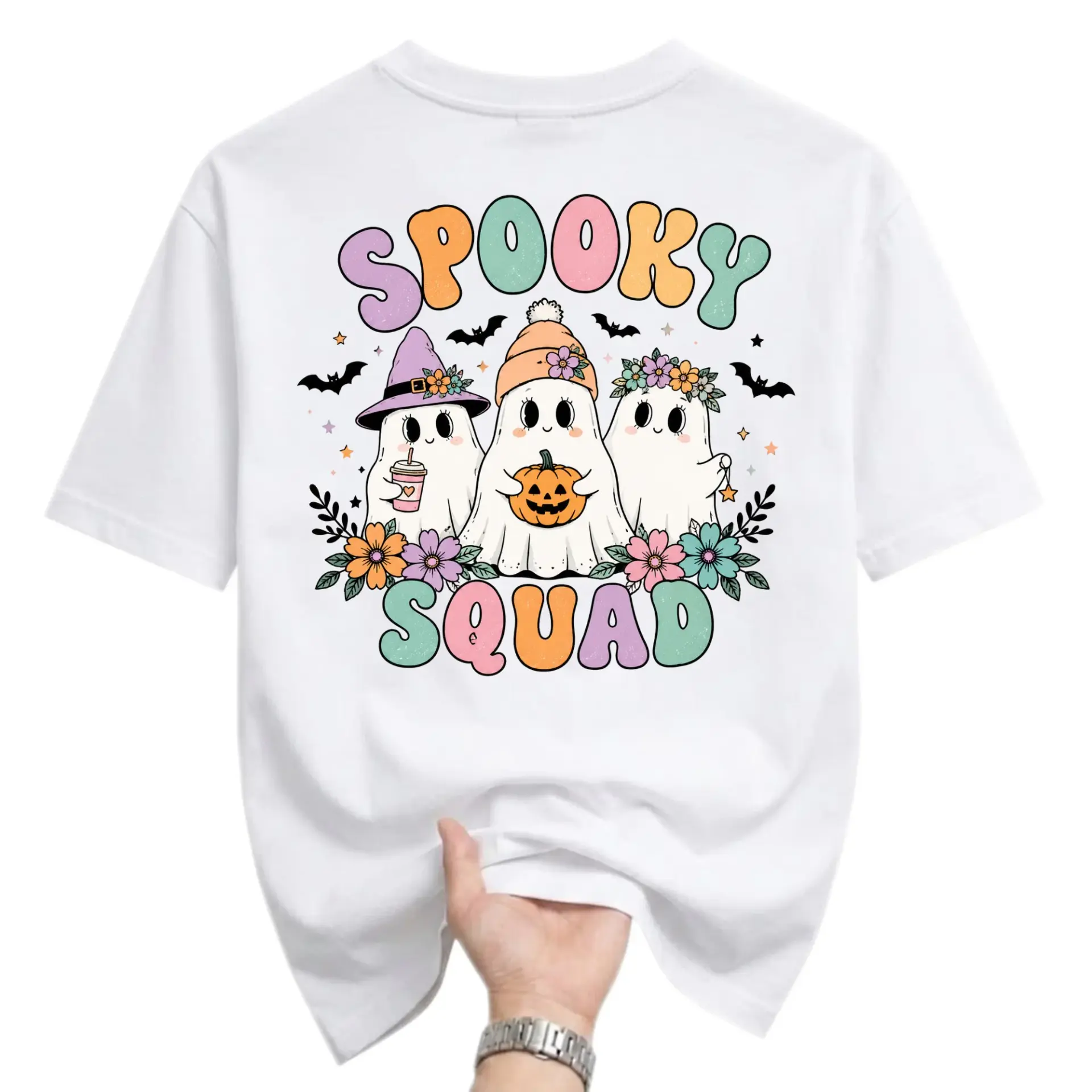 Graphic Tee Spooky Squad Cute Ghosts Floral Design Unisex Crew Neck Soft Casual Everyday Autumn Halloween T-Shirt Top