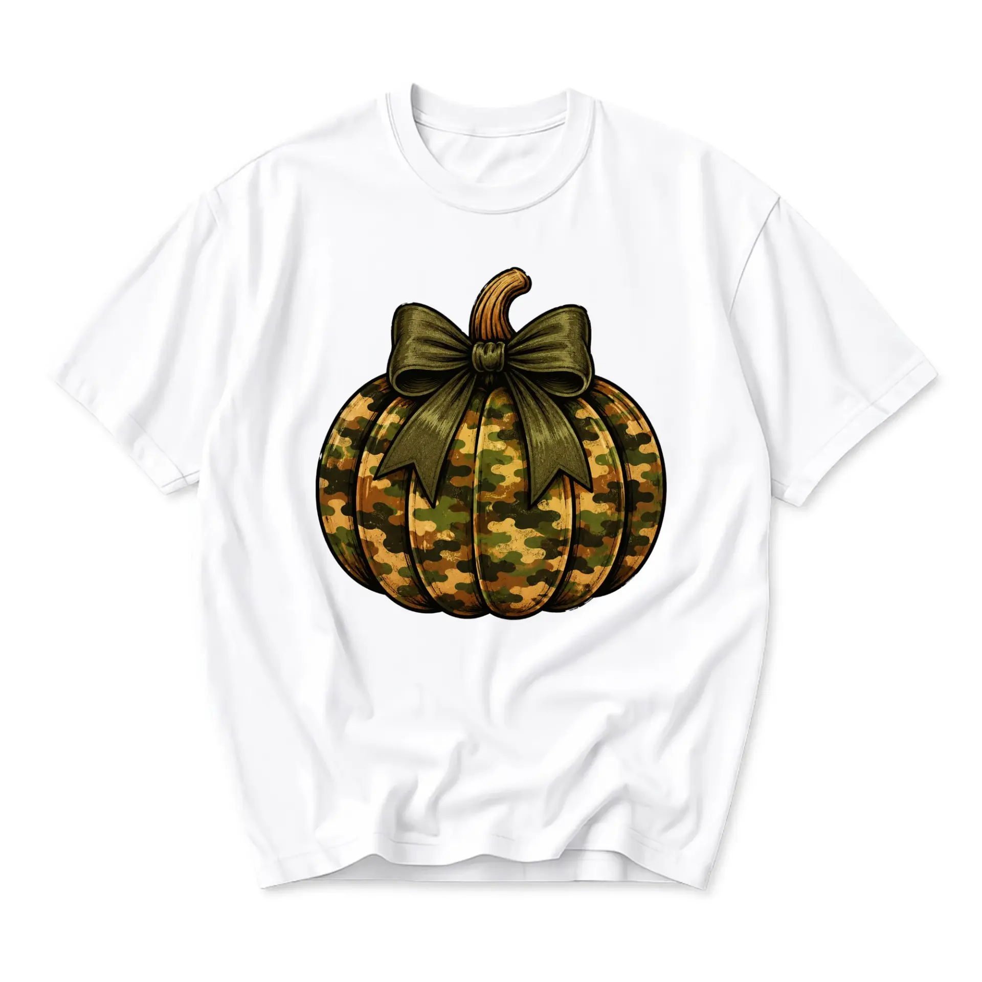 Graphic Tee Unisex Crew Neck T-Shirt Featuring a Camouflage Pumpkin with a Decorative Bow Seasonal Fall Autumn Apparel