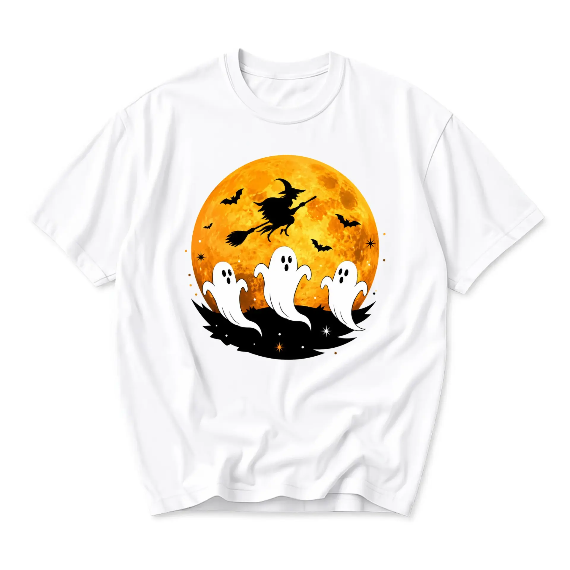 Graphic Tee Halloween Witch Flying over Full Moon with Spooky Ghosts Design Comfortable Casual Unisex Crew Neck Shirt