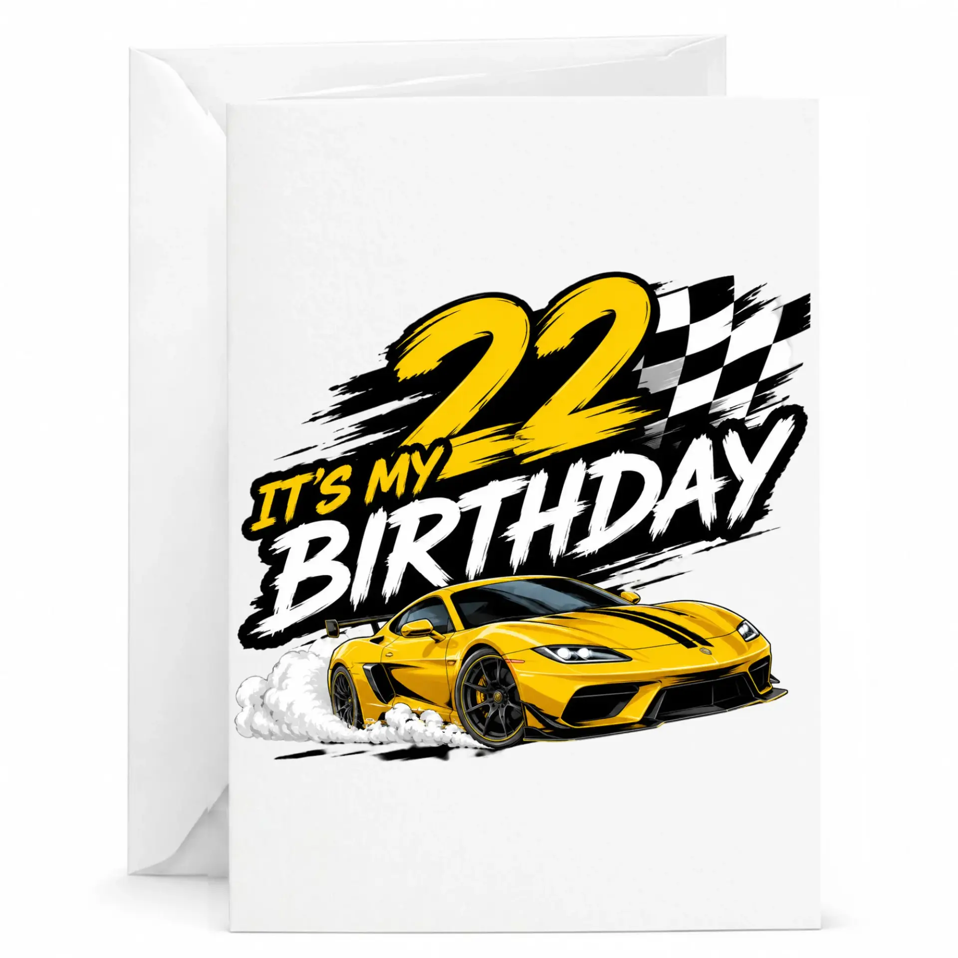 Birthday Card Featuring Yellow Sports Car and Racing Theme 22nd Birthday Greeting for Car Enthusiasts