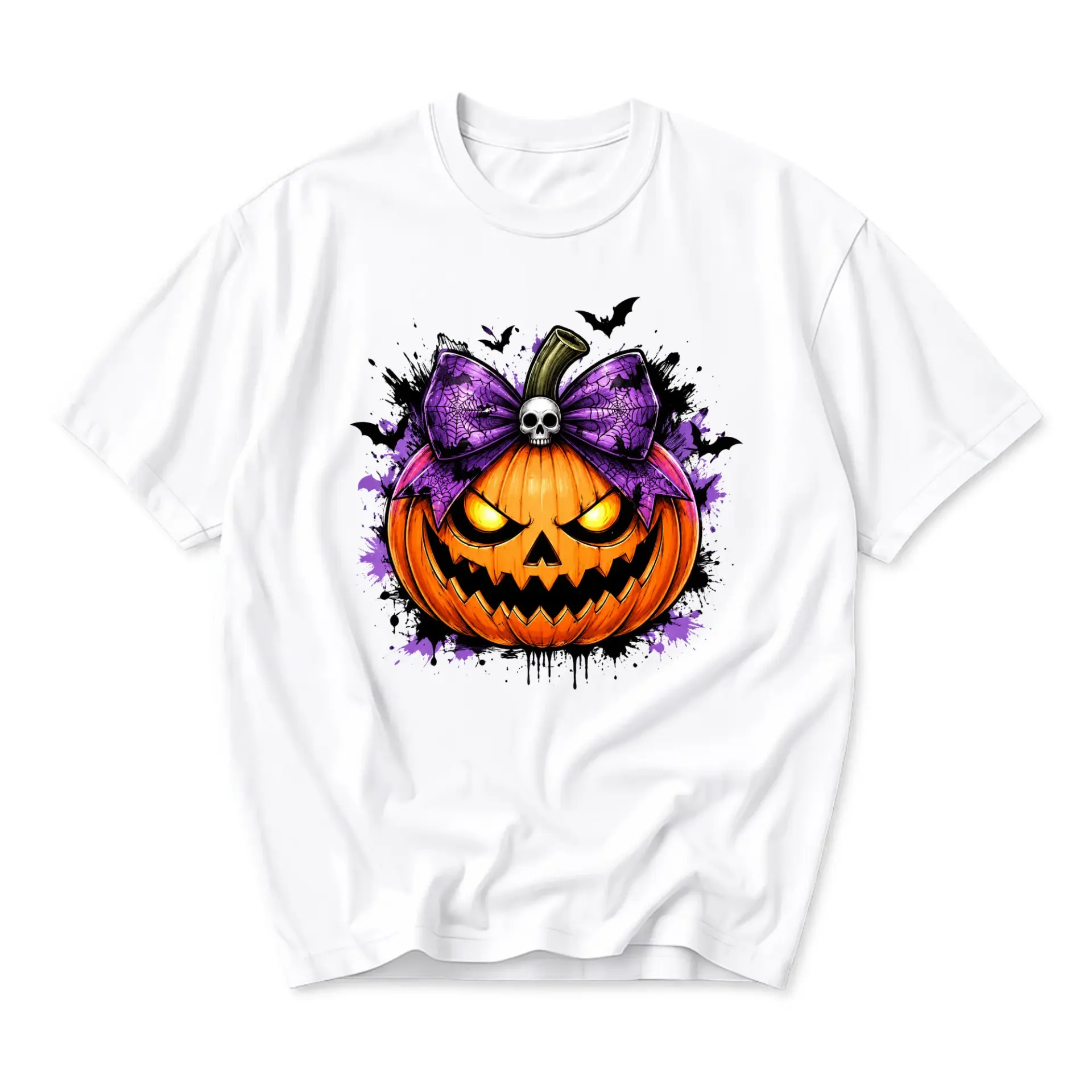 Graphic Tee Unisex Crew Neck T-Shirt Featuring Spooky Halloween Pumpkin with Purple Bow and Skull Detail Print