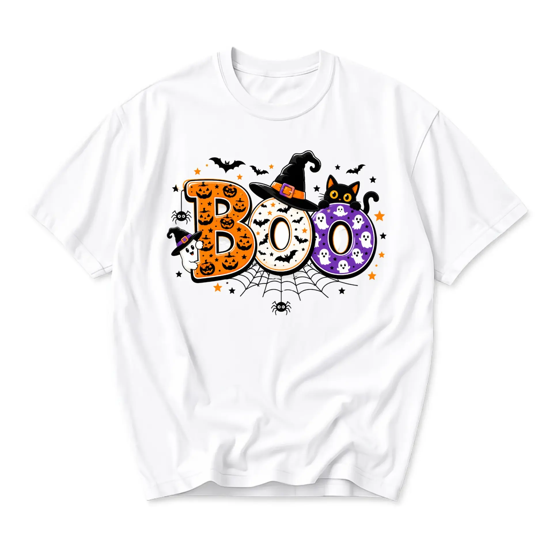 Graphic Tee Boo Halloween Theme Unisex Casual Short Sleeve Shirt Featuring Cute Spooky Cat and Ghost Print Design