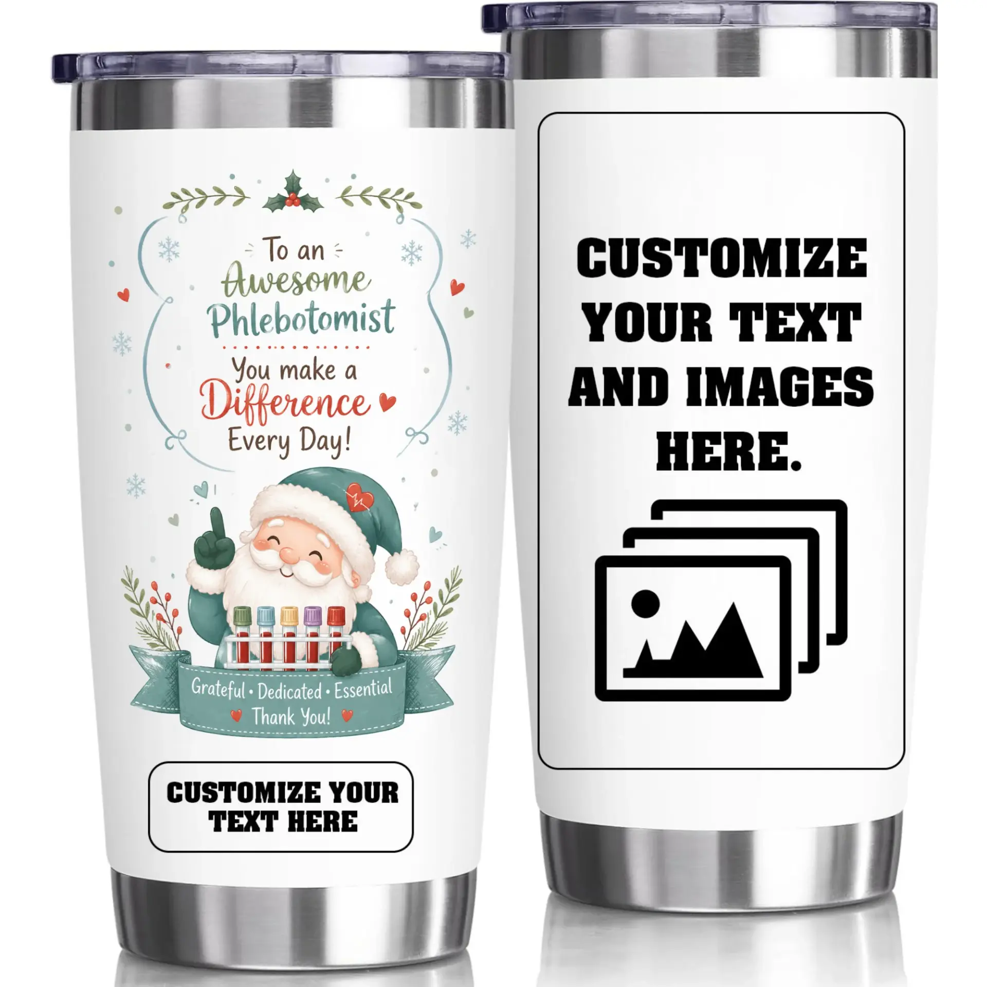 Stainless Steel Tumbler for Phlebotomist, 20oz Insulated Travel Cup with Santa and Medical Theme Design, Holiday Gift