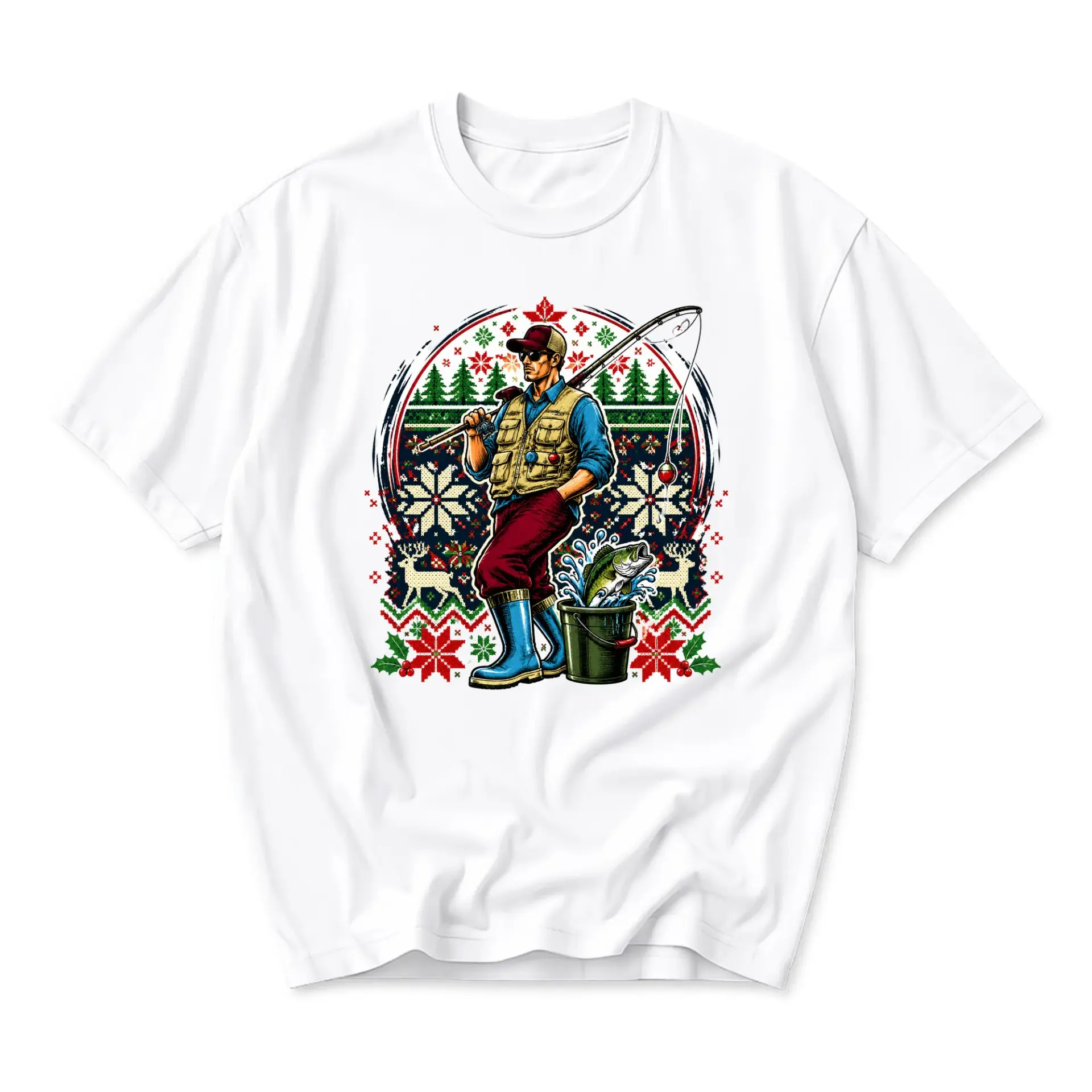 Graphic Tee Fishing Fisherman Outdoors Holiday Pattern Unisex Crew Neck