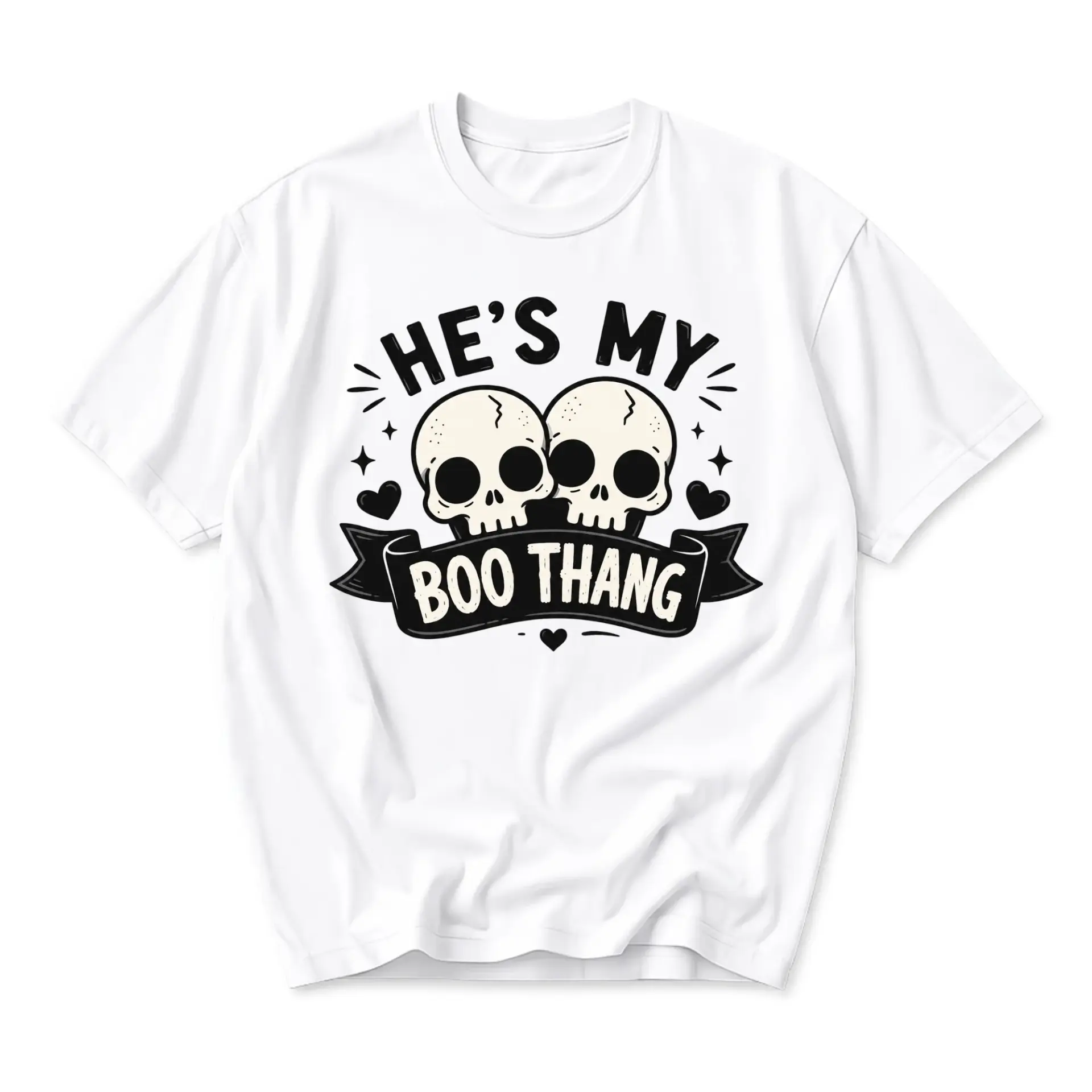 Funny Shirt He's My Boo Thang Skull Graphic Tee Unisex Casual Short Sleeve Cotton Blend Crew Neck Apparel White