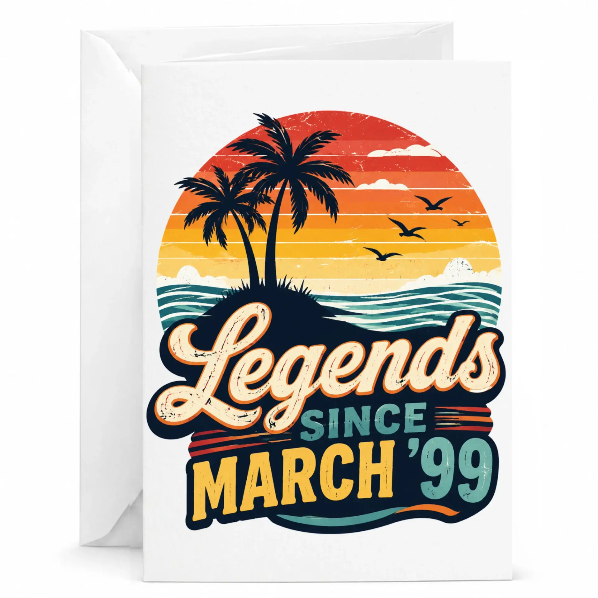 Birthday Card Legends Since March 1999 Tropical Sunset Vintage Style Greeting Card for Milestone Celebration