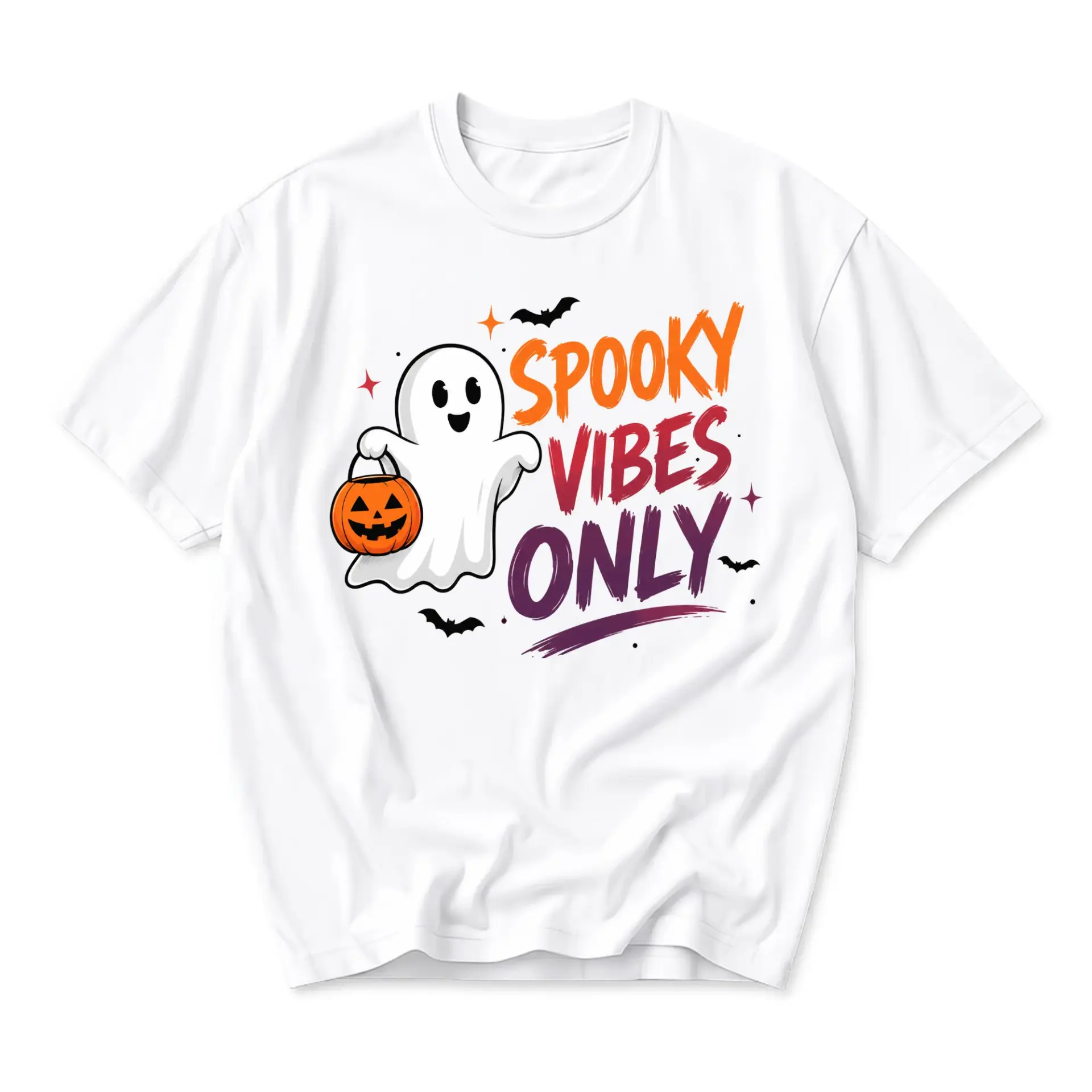 Graphic Tee Spooky Vibes Only Halloween Ghost Pumpkin Print Unisex Crew Neck Casual Cotton Blend Short Sleeve Shirt