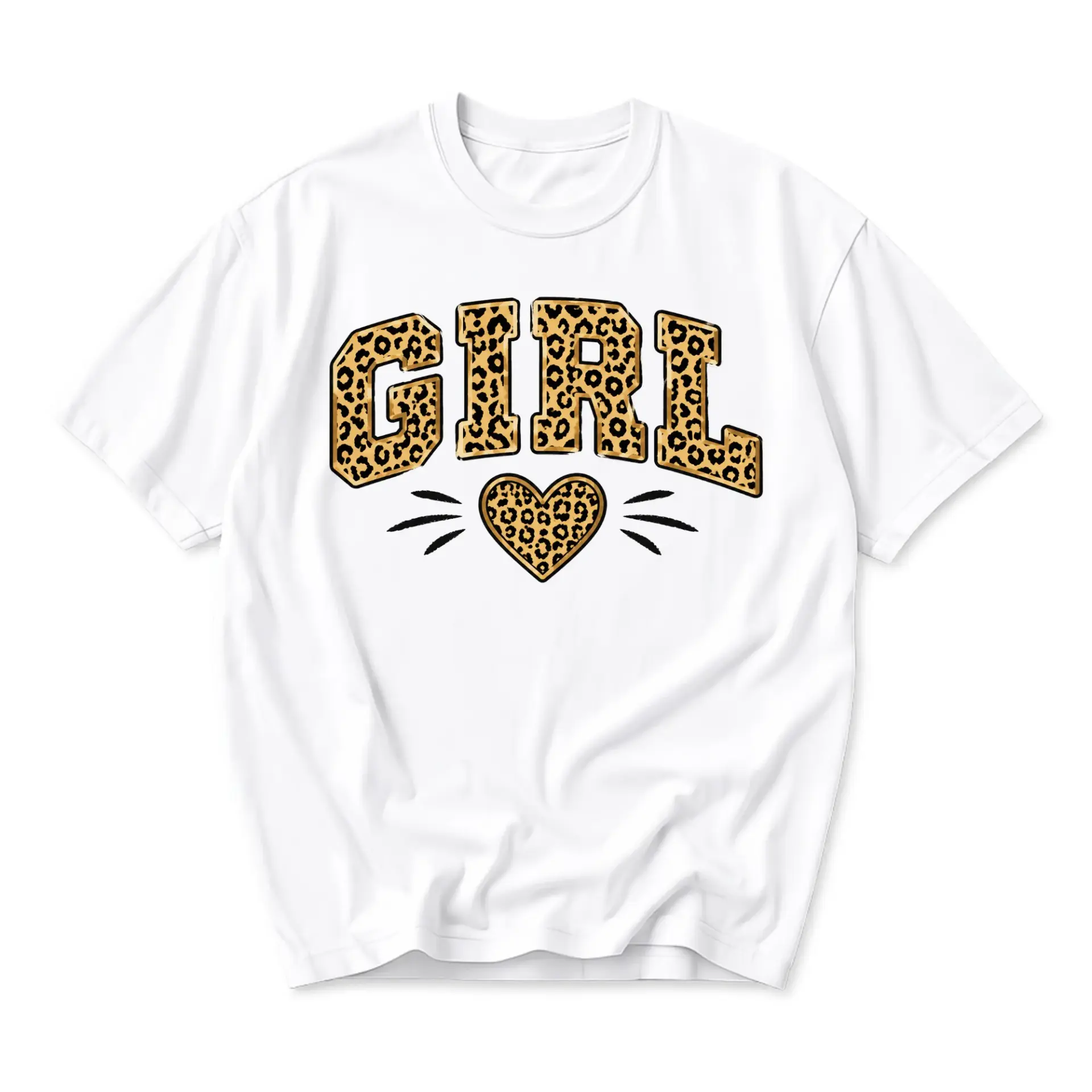 Graphic Tee Unisex Crew Neck T-Shirt with Leopard Print Girl Text and Heart