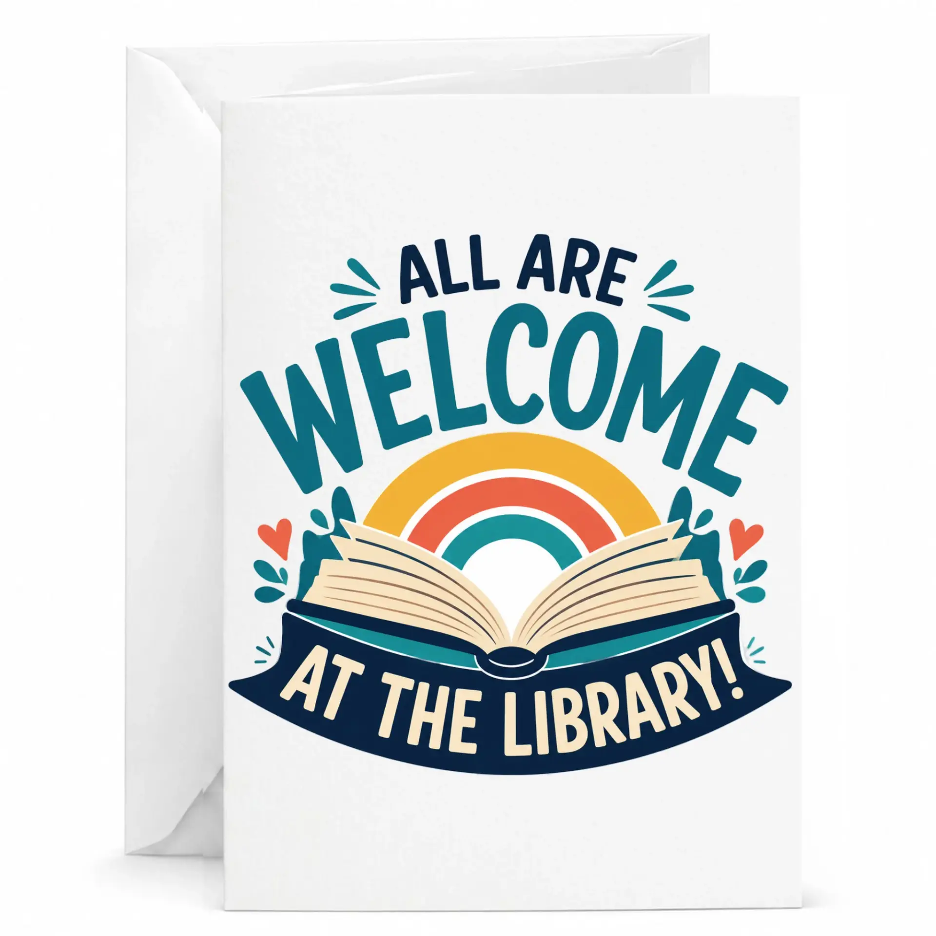Greeting Card All Are Welcome at the Library Design Featuring Colorful Open Book Illustration with Rainbow Accents