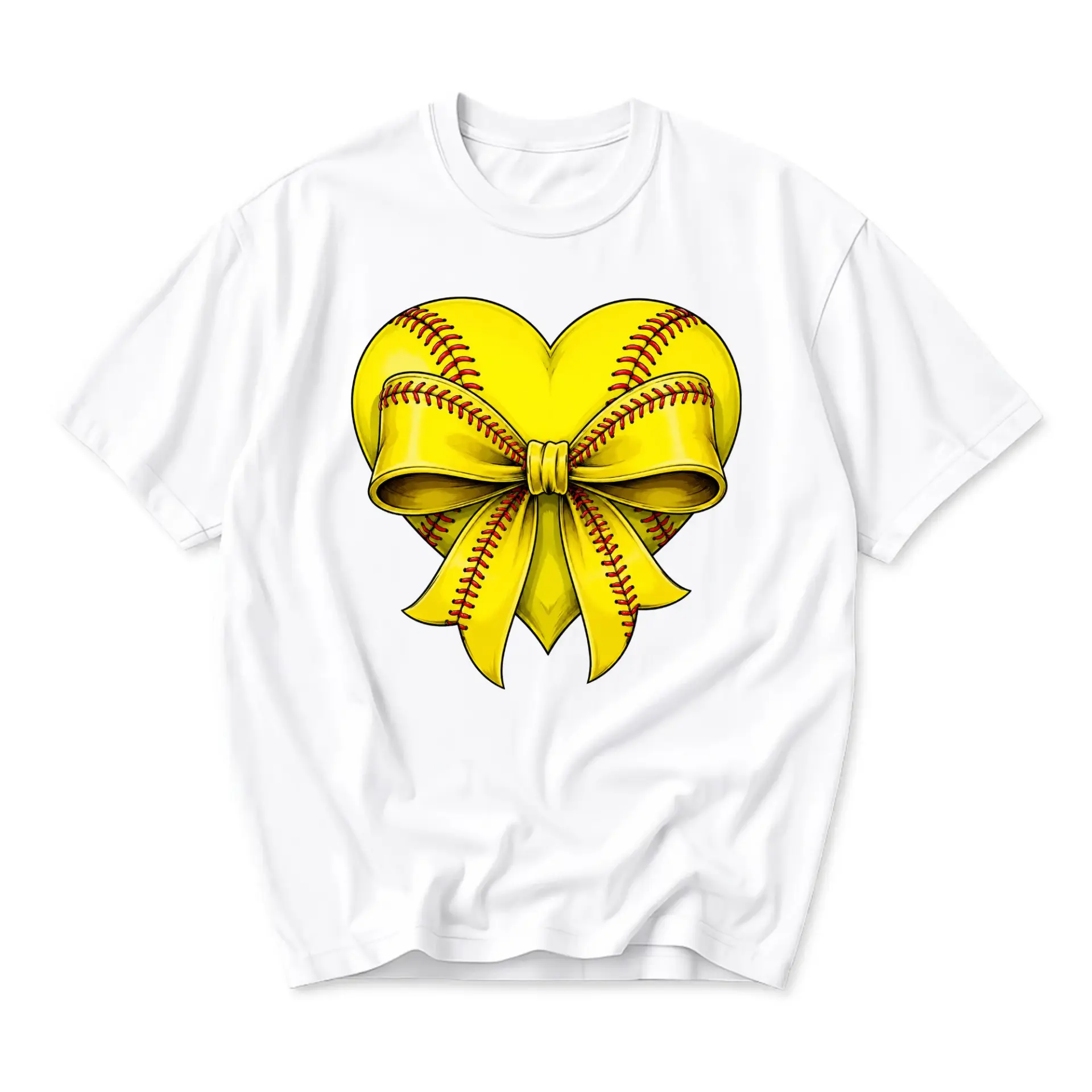 Graphic Tee Softball Heart Bow Illustration Unisex Casual Crew Neck T-Shirt for Sports Enthusiasts and Athletes