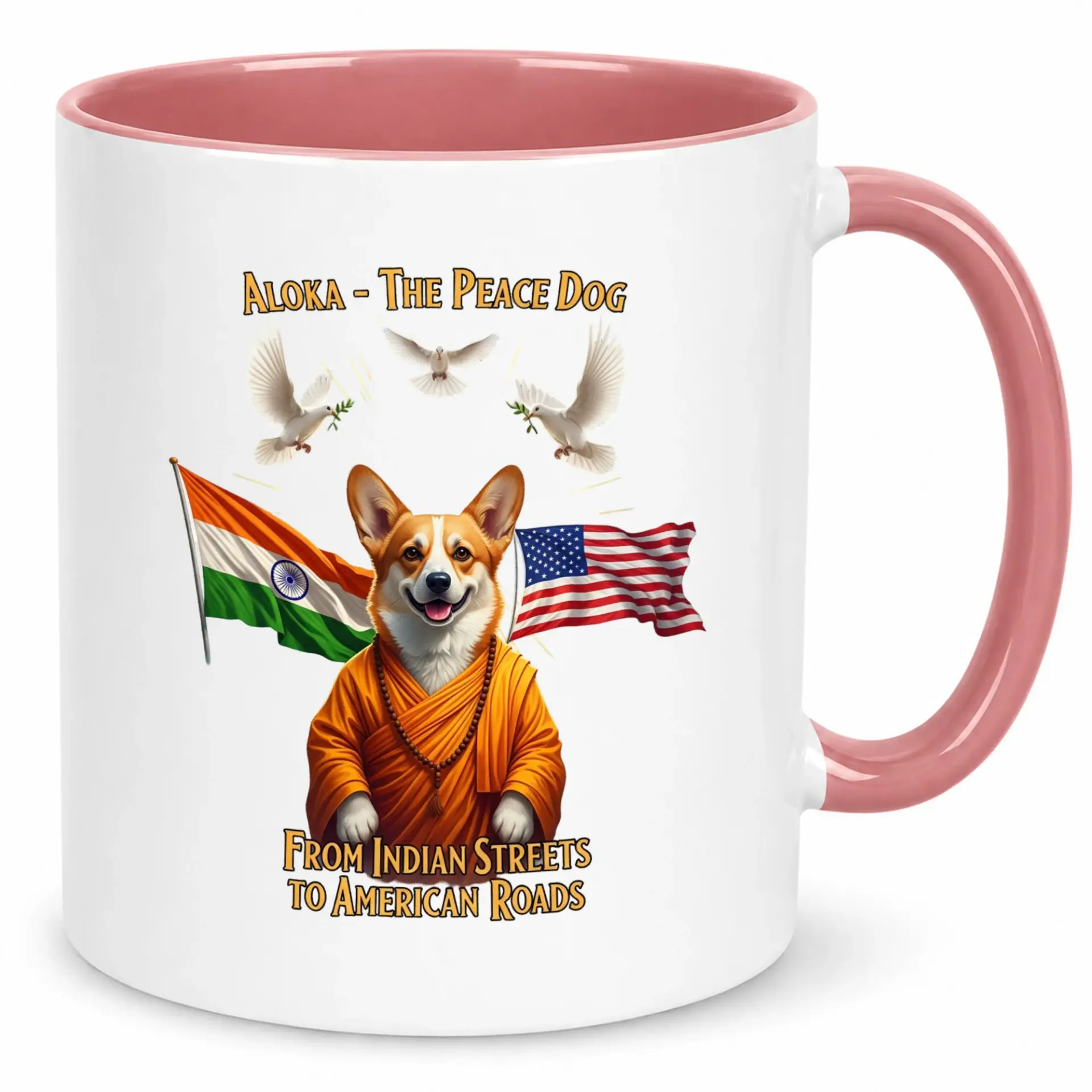 Inspirational Corgi Peace Dog Ceramic Coffee Mug with India and Usa Flags Design, Cultural Journey Theme Beverage Cup